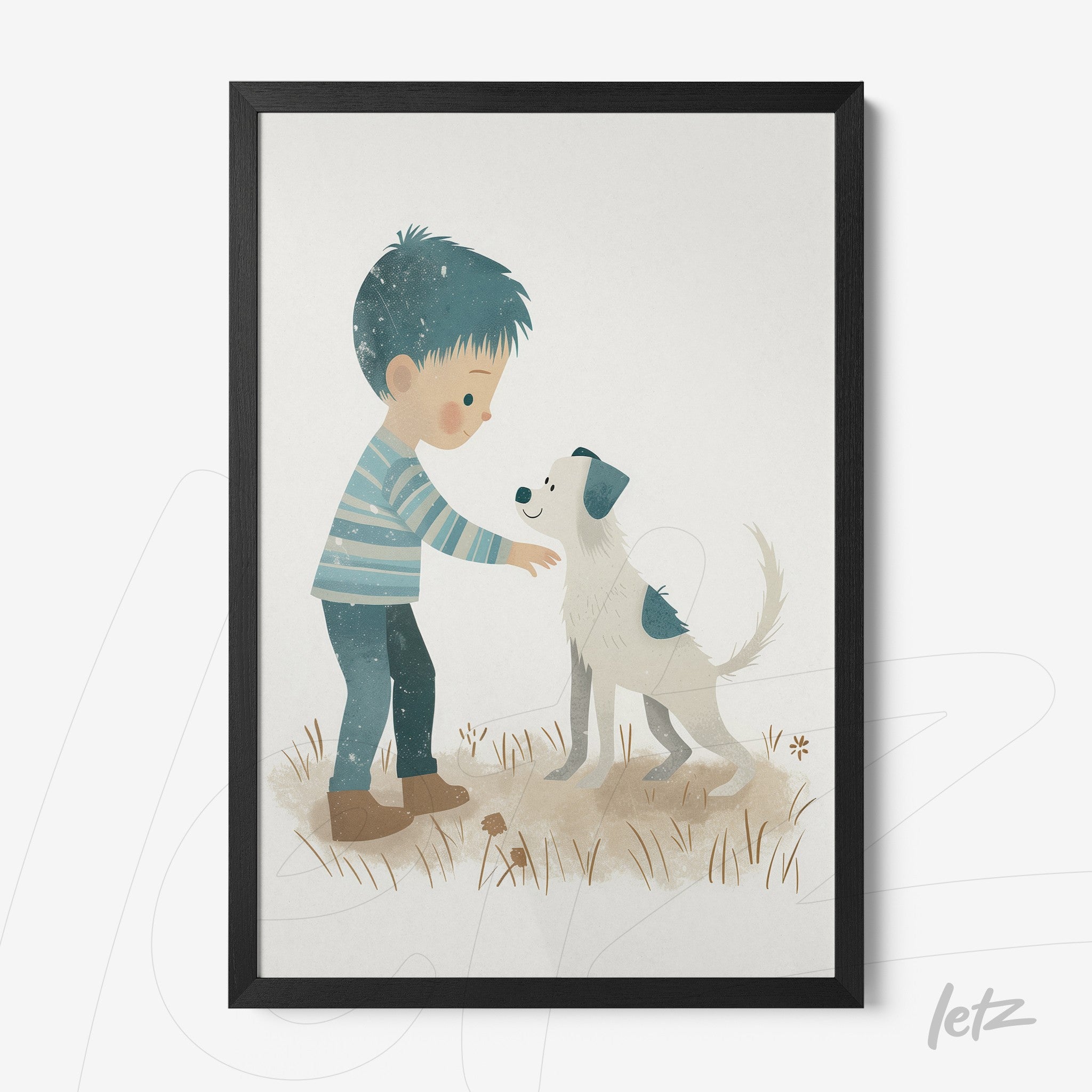 quadro com ilustração de menino interagindo com cachorro em moldura preta