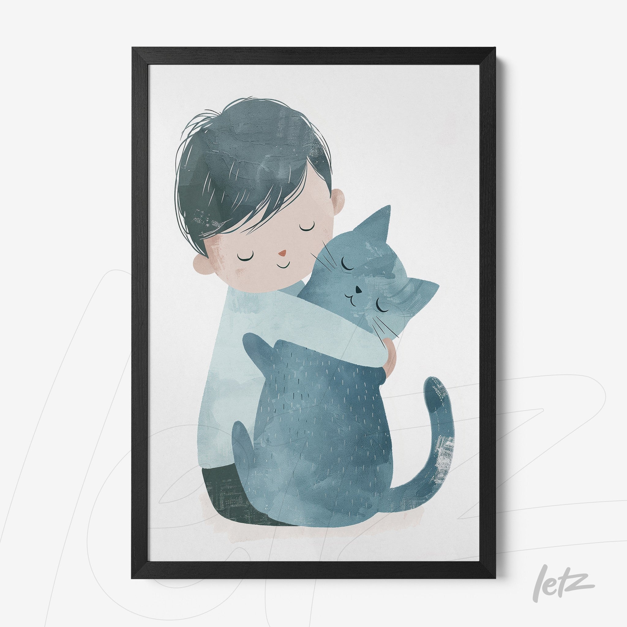 quadro com ilustração de menino abraçando um gato azul em moldura preta
