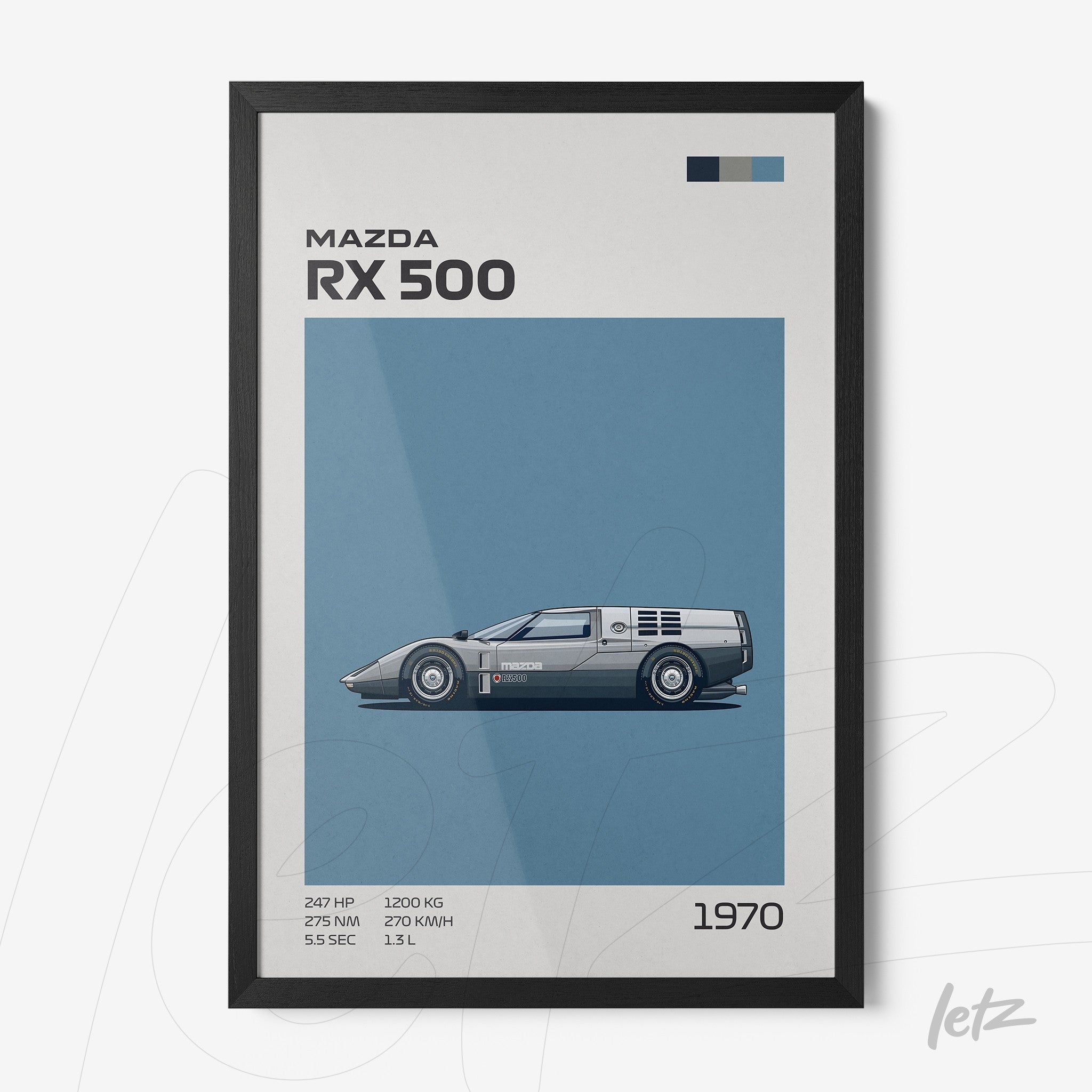 quadro com ilustração do carro Mazda RX 500 em moldura preta fina sobre fundo azul