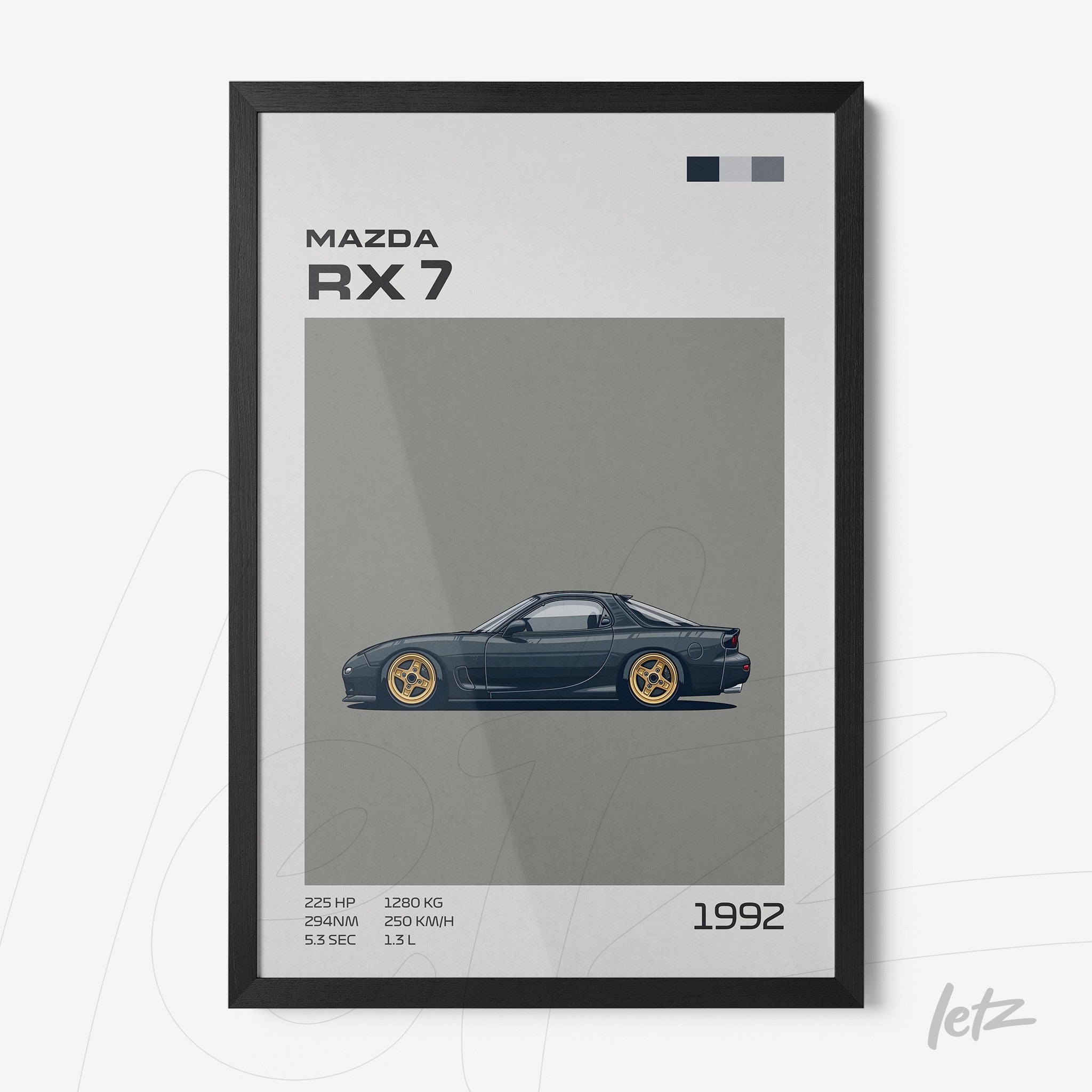 quadro com arte digital do carro Mazda RX-7 de 1992 em moldura preta