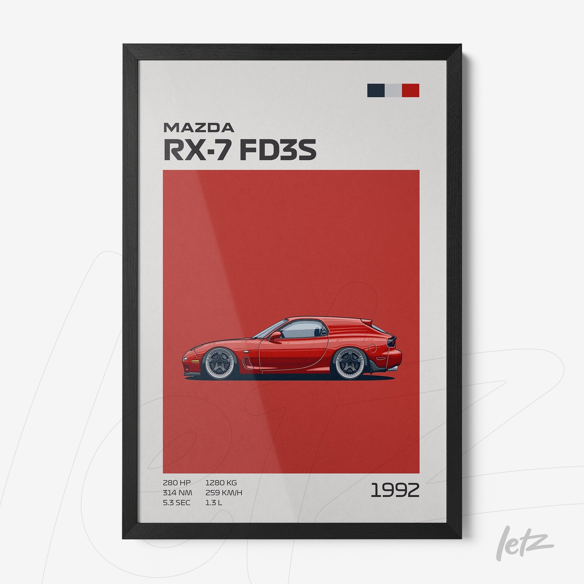 quadro com ilustração do carro Mazda RX-7 FD3S em fundo vermelho e moldura preta