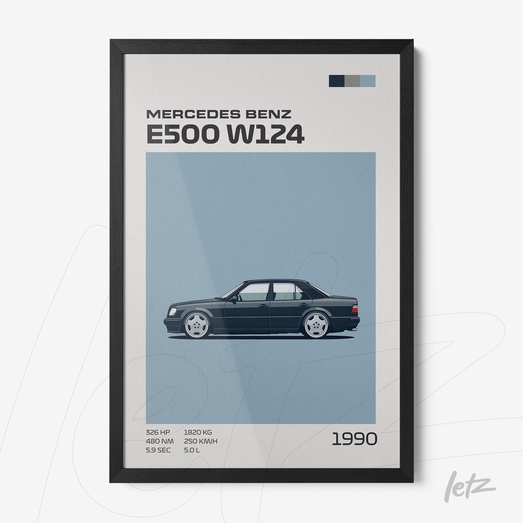 quadro com ilustração estilizada do carro Mercedes Benz E500 W124 em moldura preta