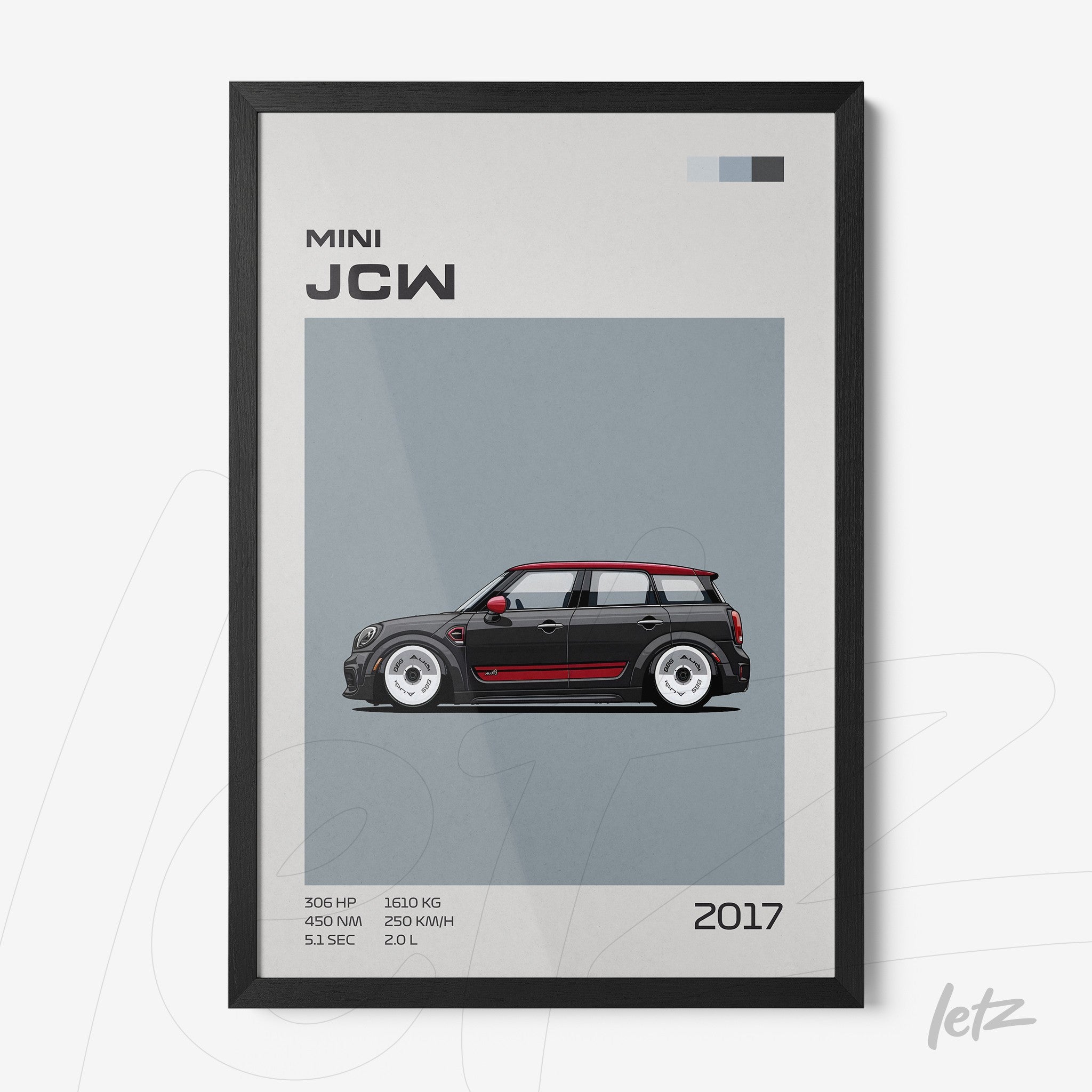 quadro com ilustração minimalista de um carro Mini JCW 2017 em moldura preta