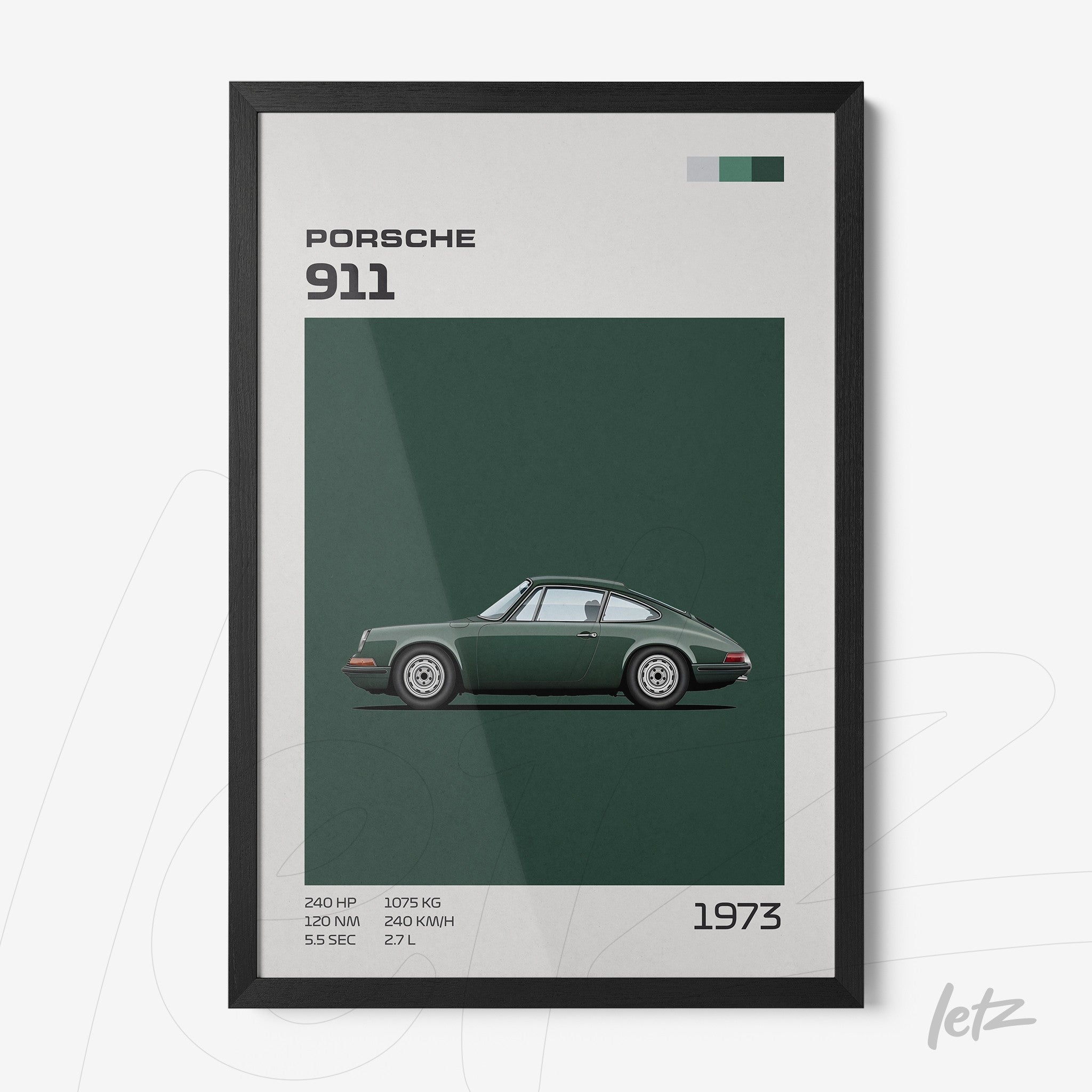 quadro com arte retro do carro Porsche 911 verde em moldura preta, sobre fundo verde escuro