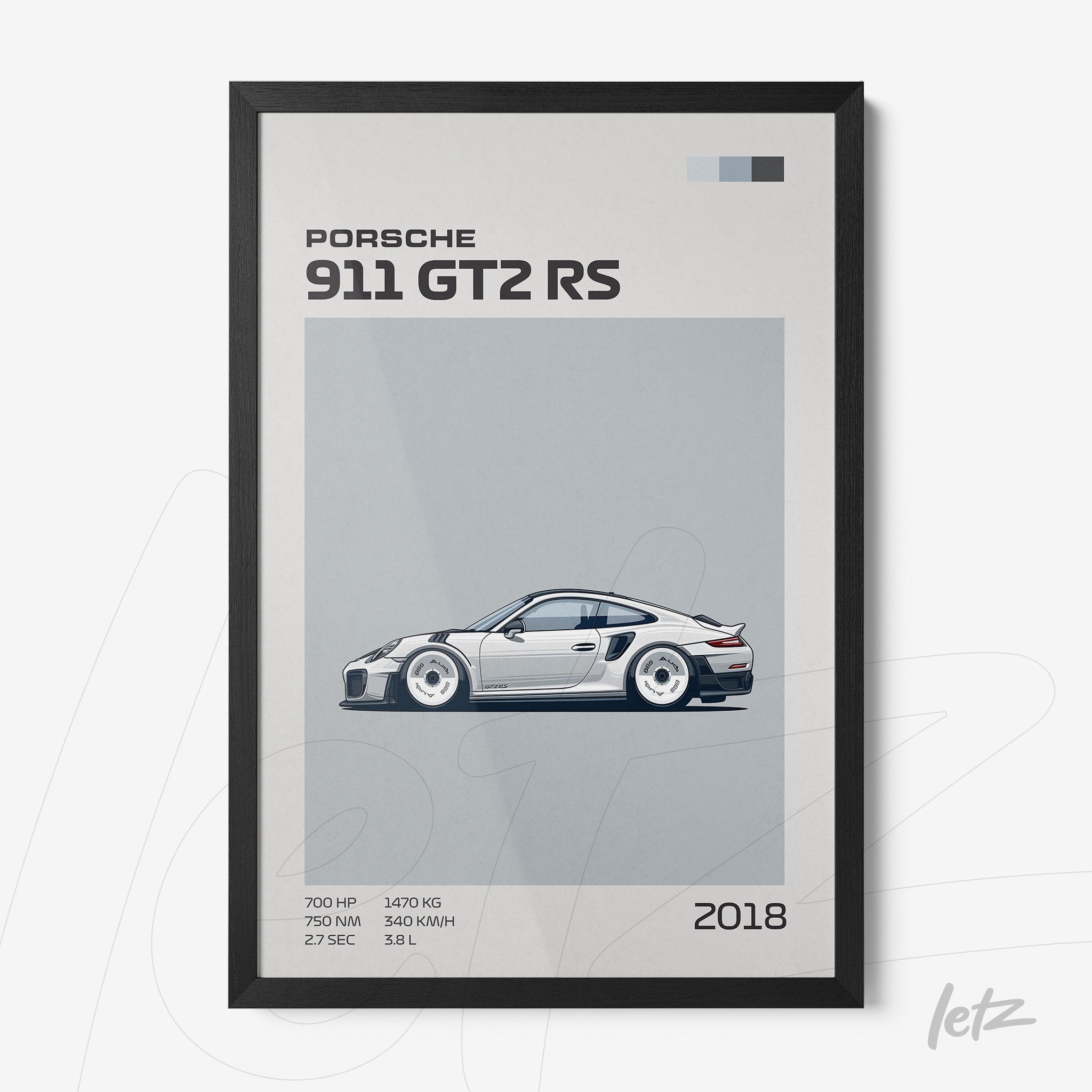 quadro com arte minimalista do carro Porsche 911 GT2 RS em moldura preta