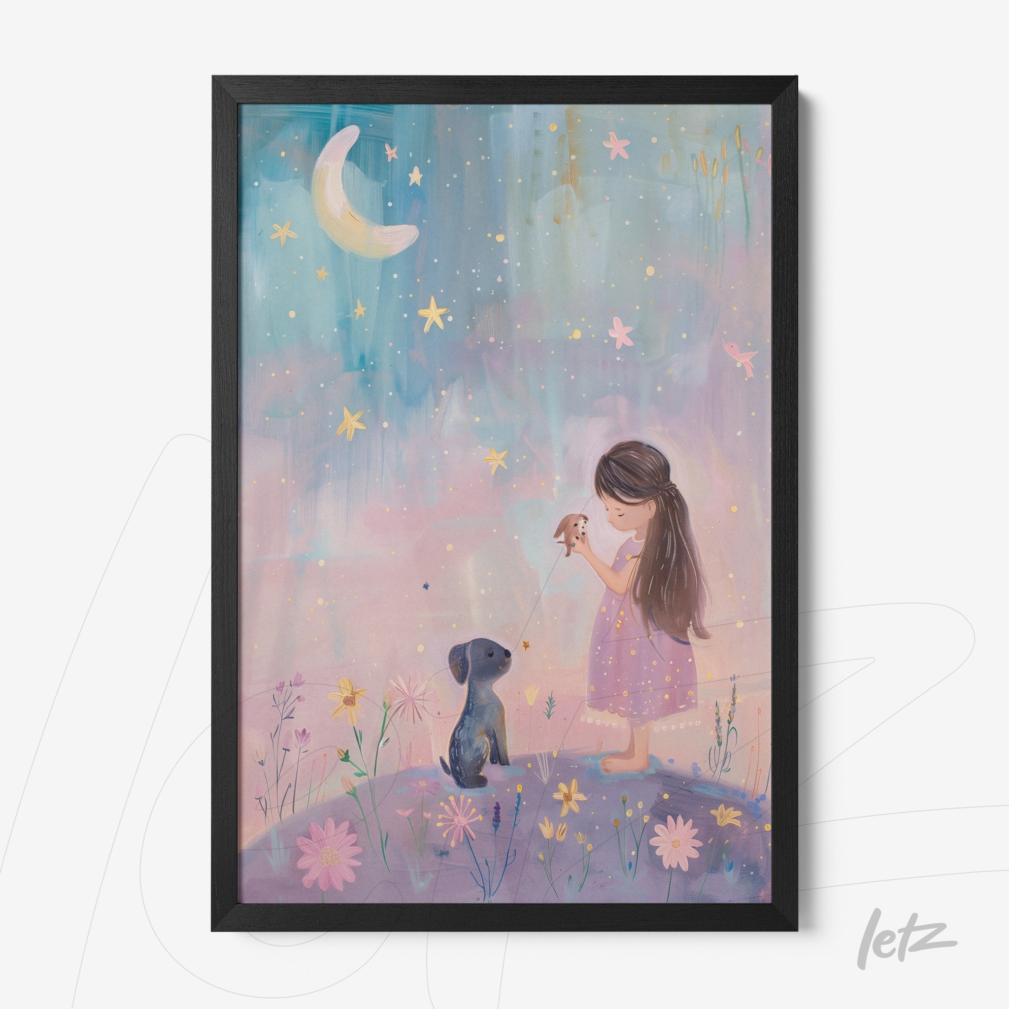 quadro com arte infantil de menina com vestido rosa e cachorro sob céu estrelado, moldura preta