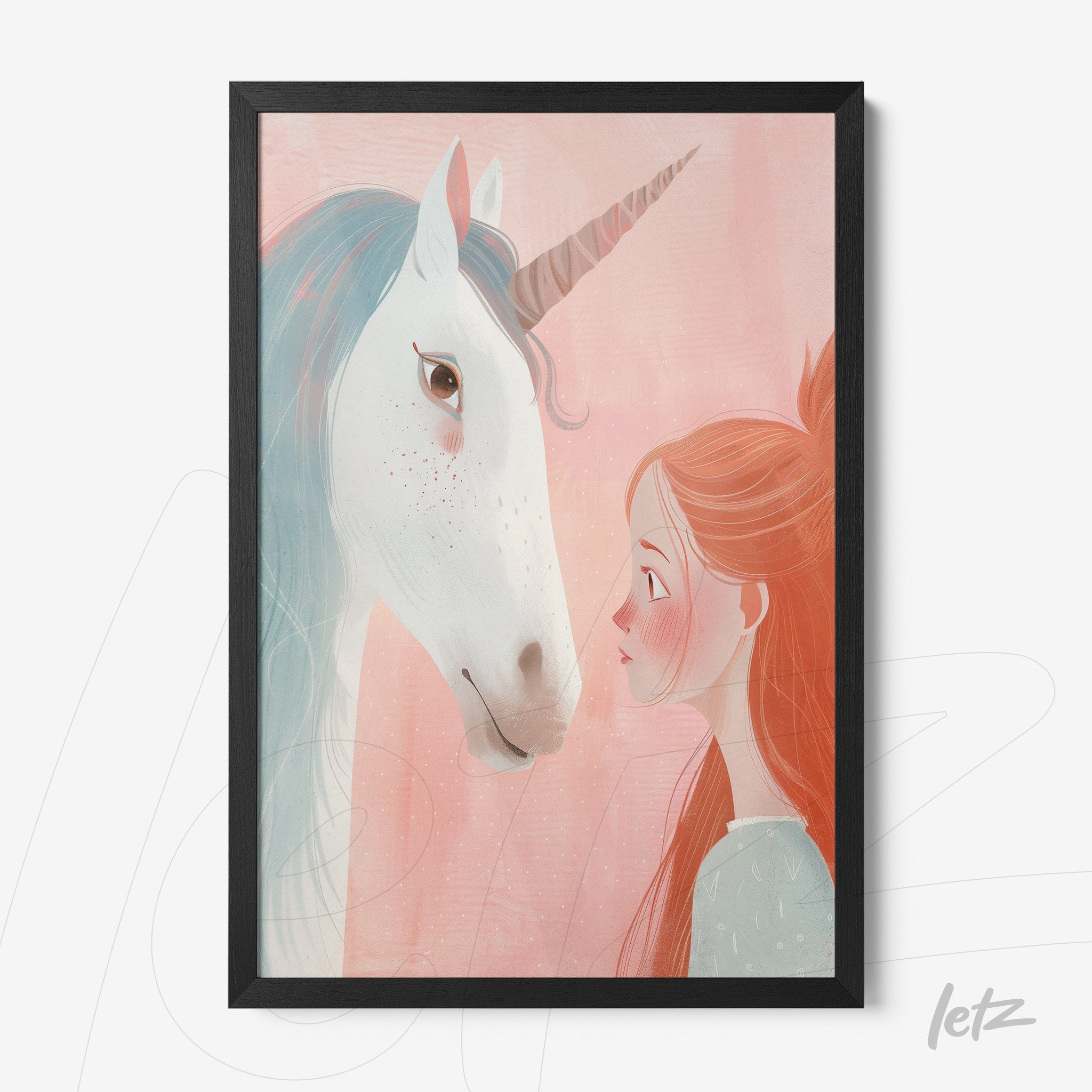 quadro com ilustração de uma jovem olhando um unicórnio, com fundo rosa e moldura preta