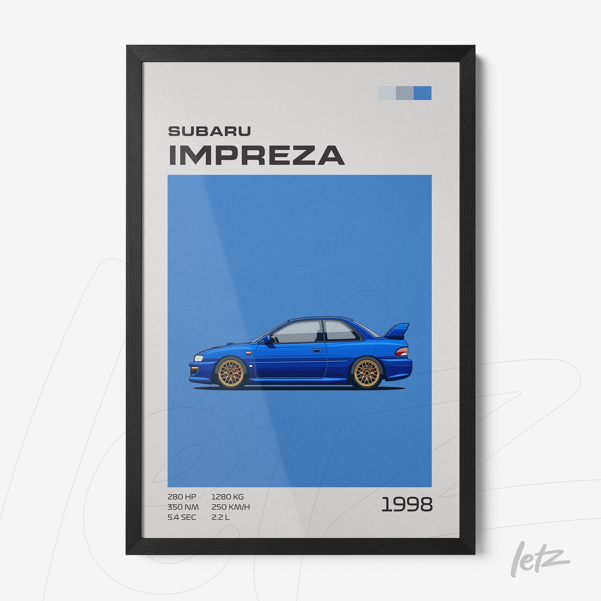quadro com ilustração do carro Subaru Impreza de 1998 em moldura preta com fundo azul
