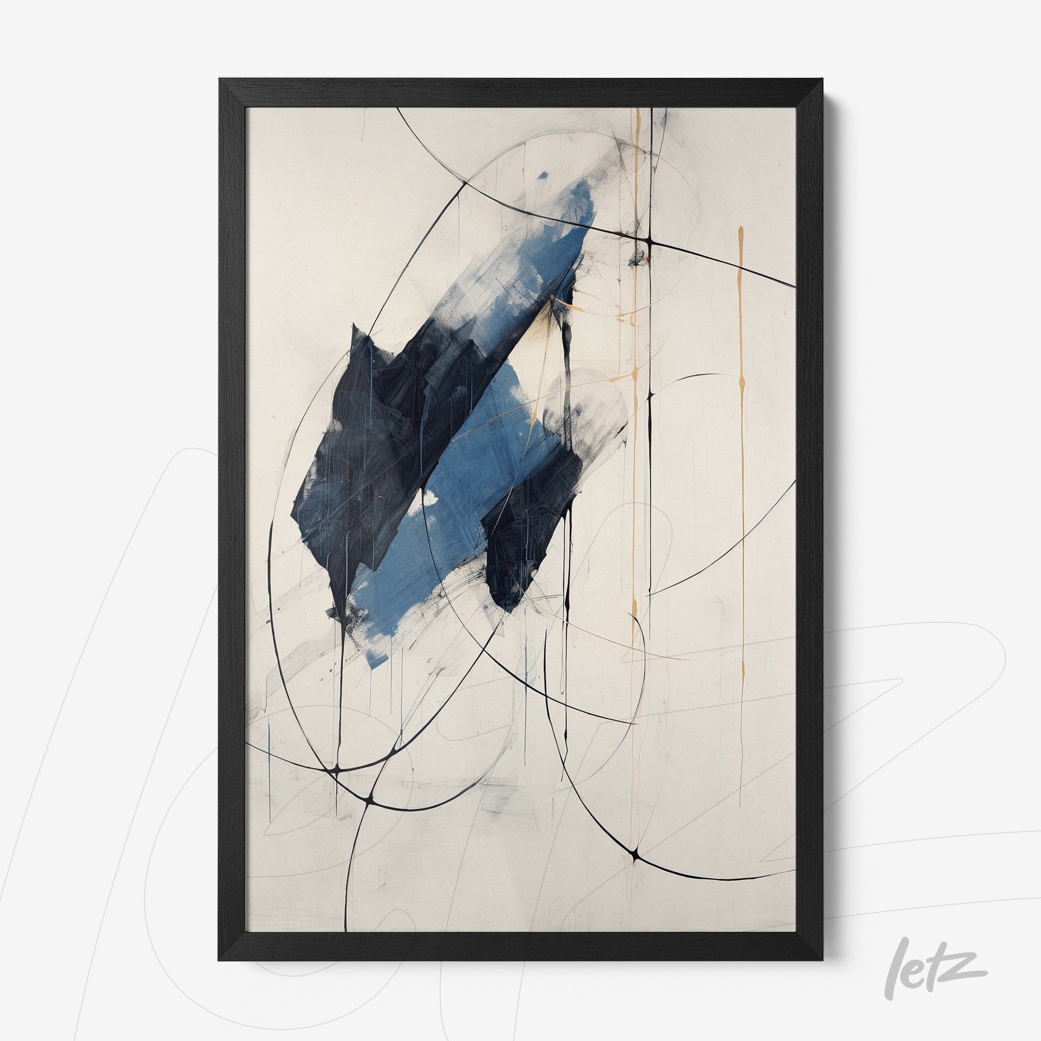 quadro com arte abstrata em cores azul e preta, com traços finos em preto em fundo claro e moldura preta