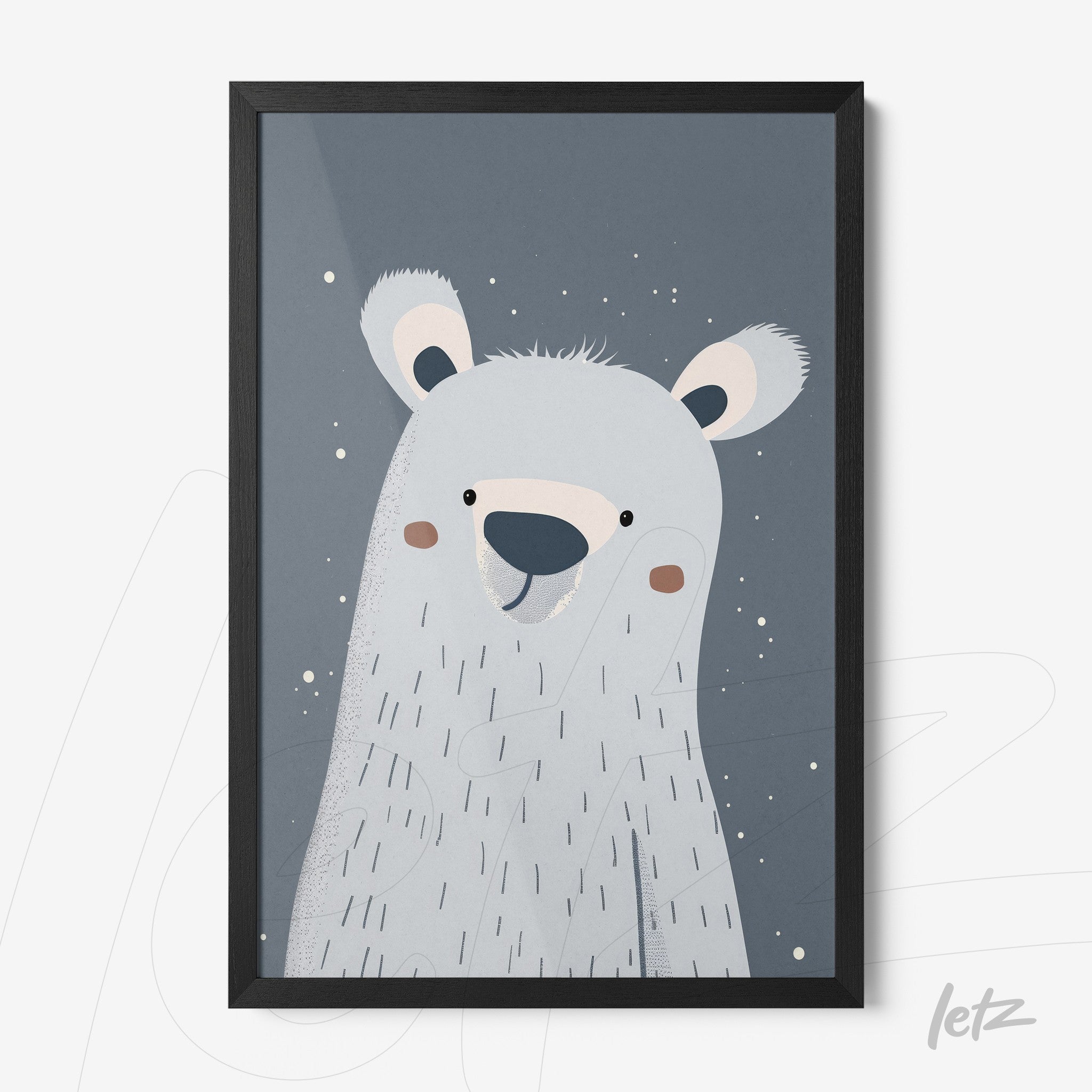 quadro com ilustração de urso polar sorridente em fundo cinza, moldura preta
