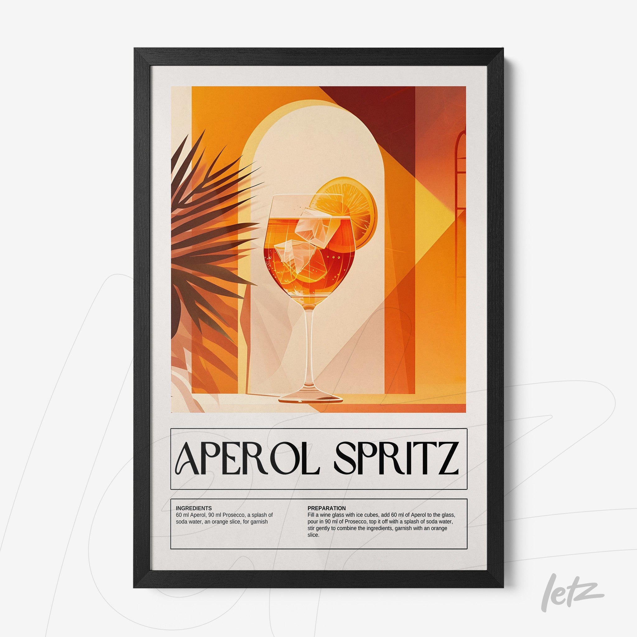quadro decorativo com arte gráfica do drink aperol spritz em moldura preta fina