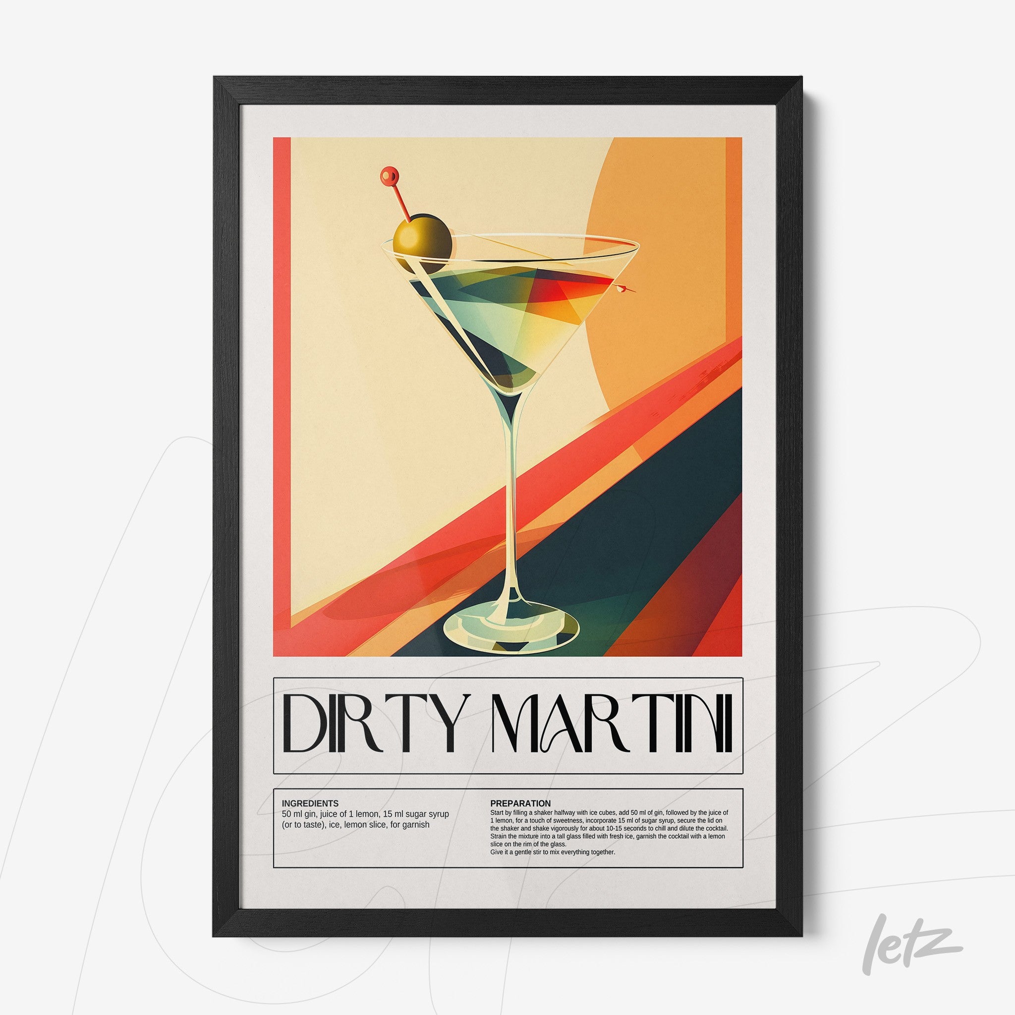 quadro com arte estilizada de drink martini em moldura preta, fundo com gradientes coloridos em tom pastel