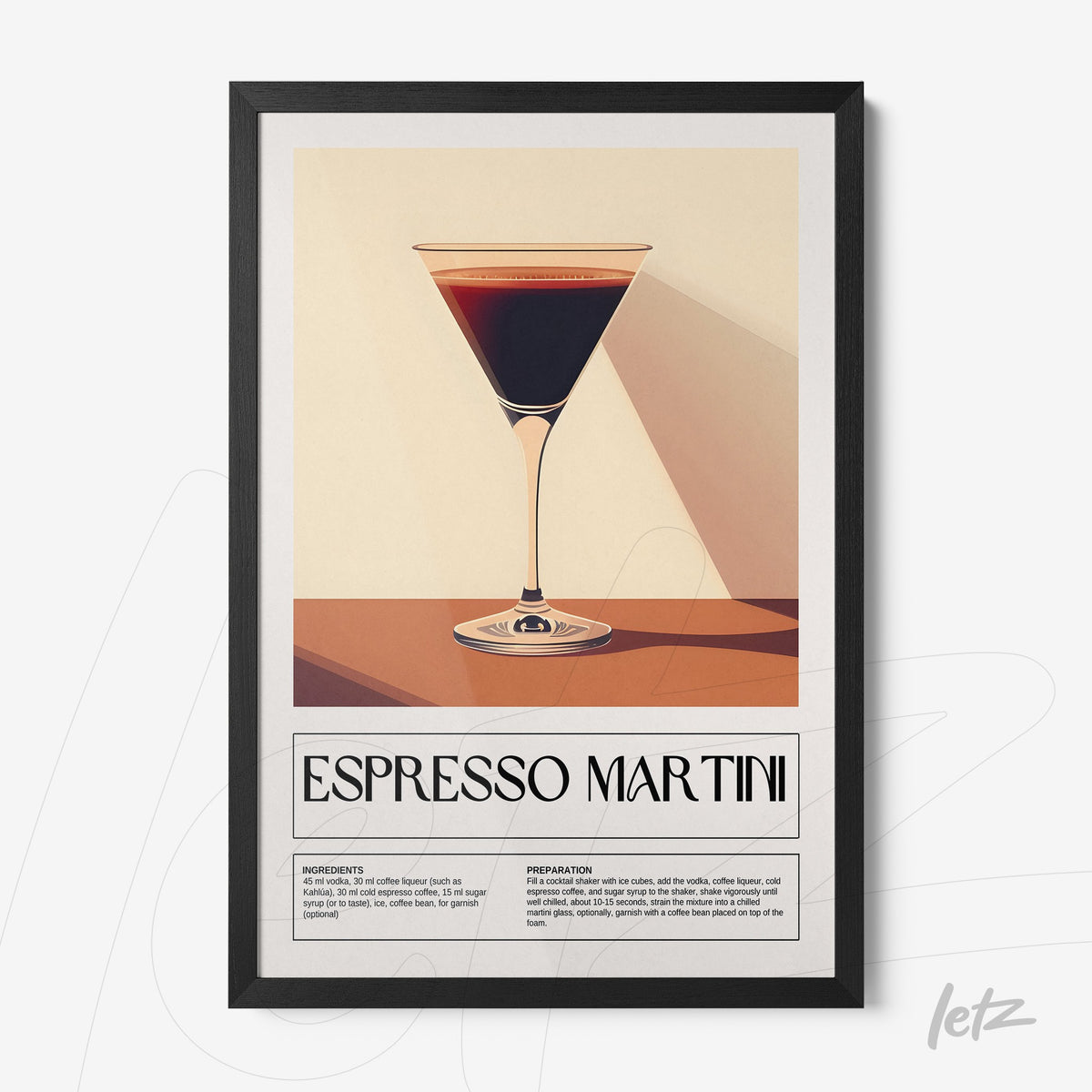 quadro com arte estilizada do drink espresso martini em moldura preta