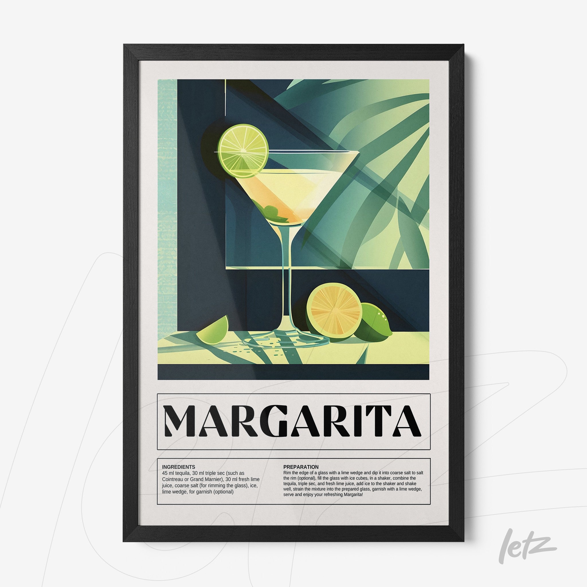 quadro com arte moderna do drink margarita em moldura preta