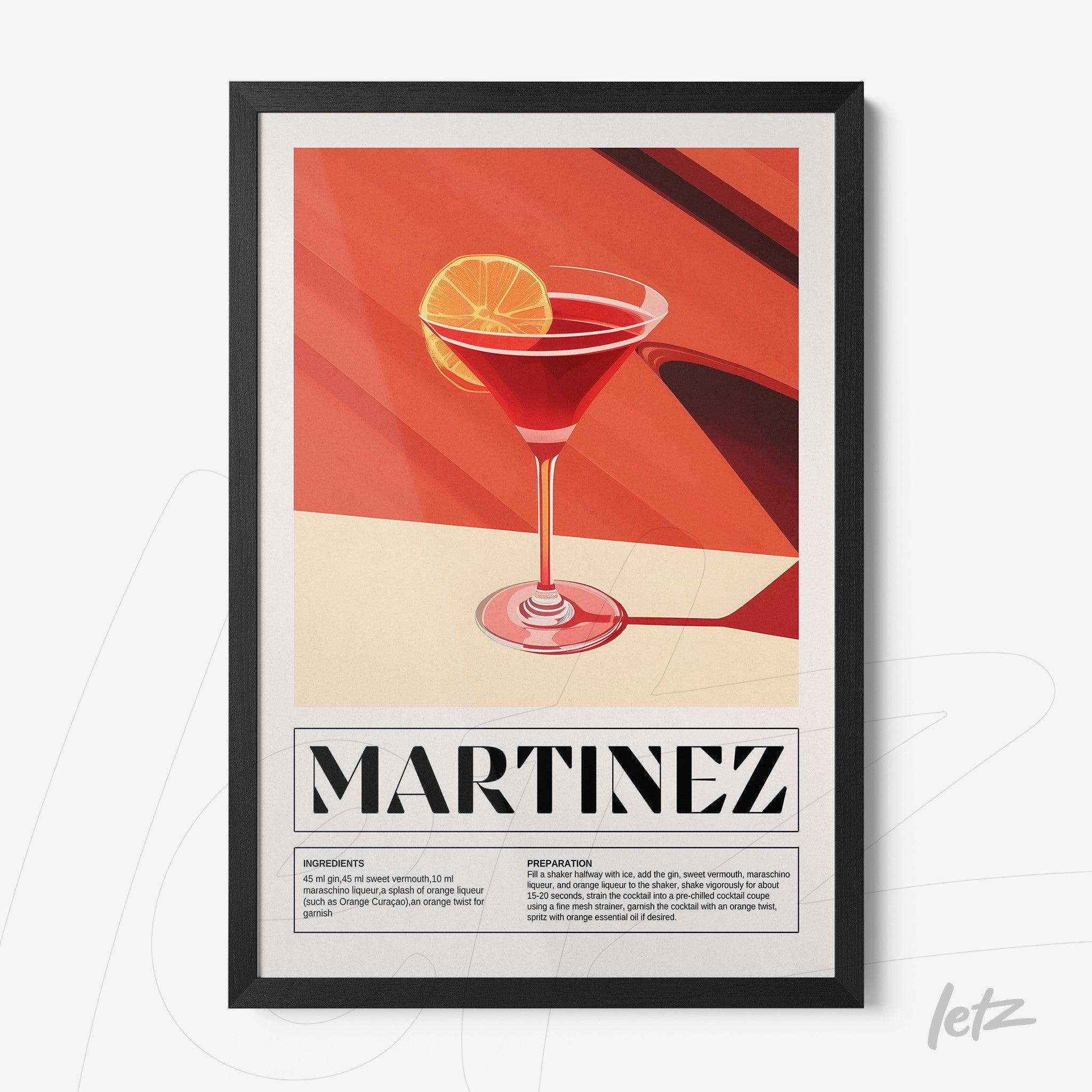quadro com arte gráfica de cocktail martinez em moldura preta fina