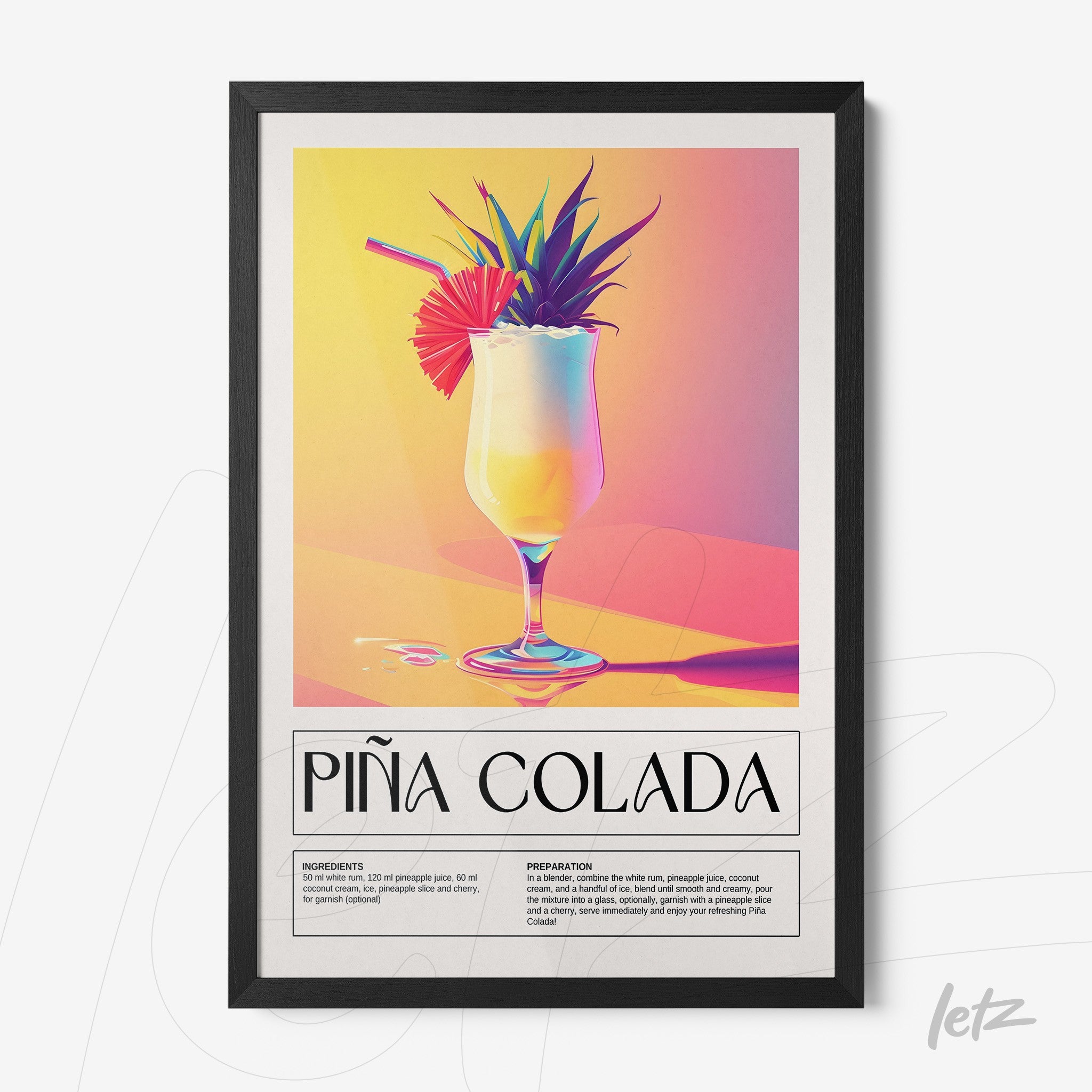 quadro com arte digital colorida do drink piña colada em moldura preta