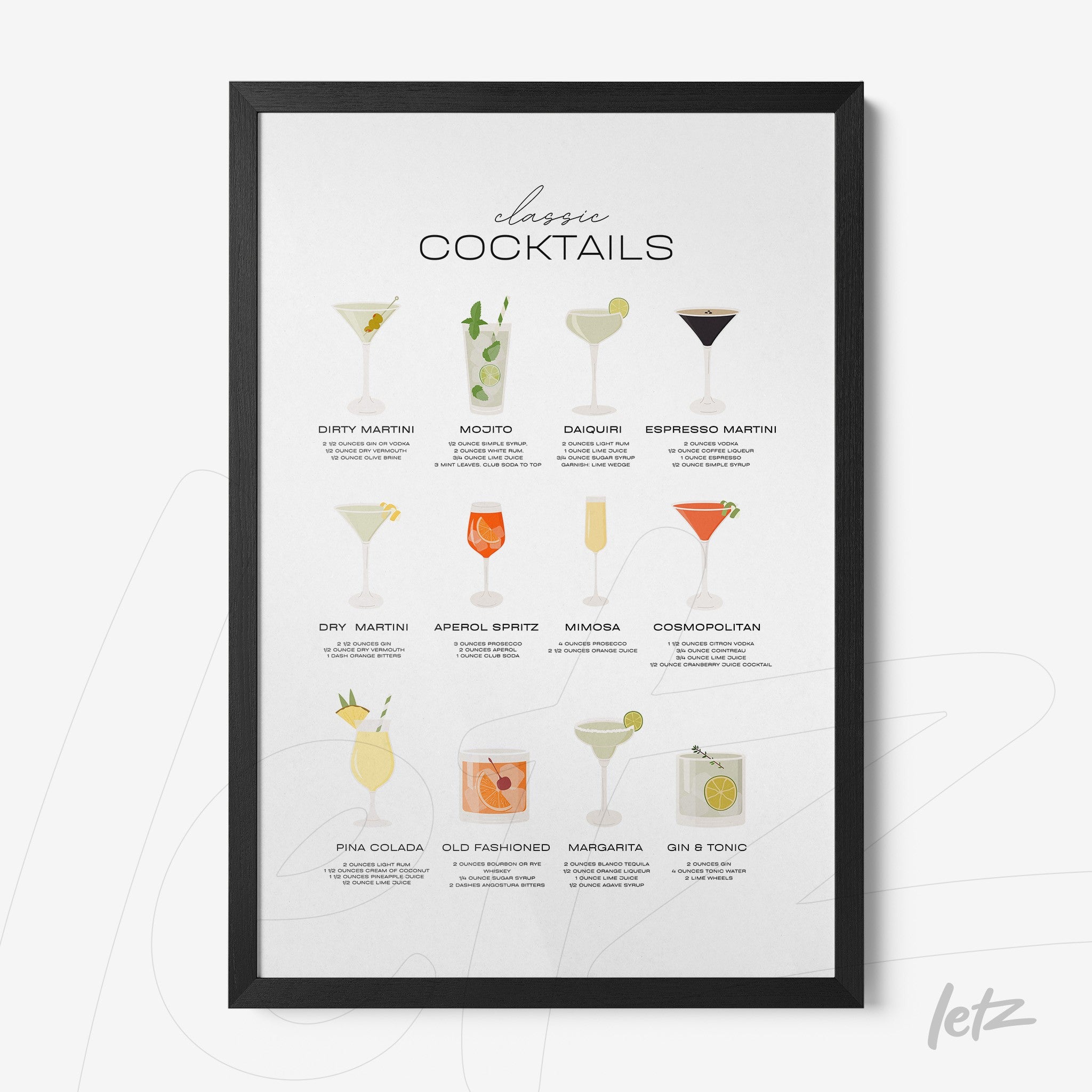 quadro com ilustrações de drinks clássicos em moldura preta, apresentando dez coquetéis dispostos em formato de tabela sobre fundo branco