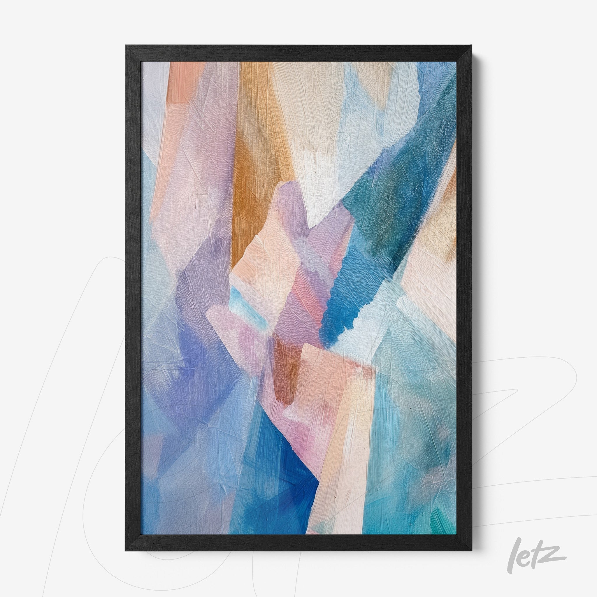 quadro com arte abstrata em tons de azul, rosa e amarelo, emoldurado com moldura preta