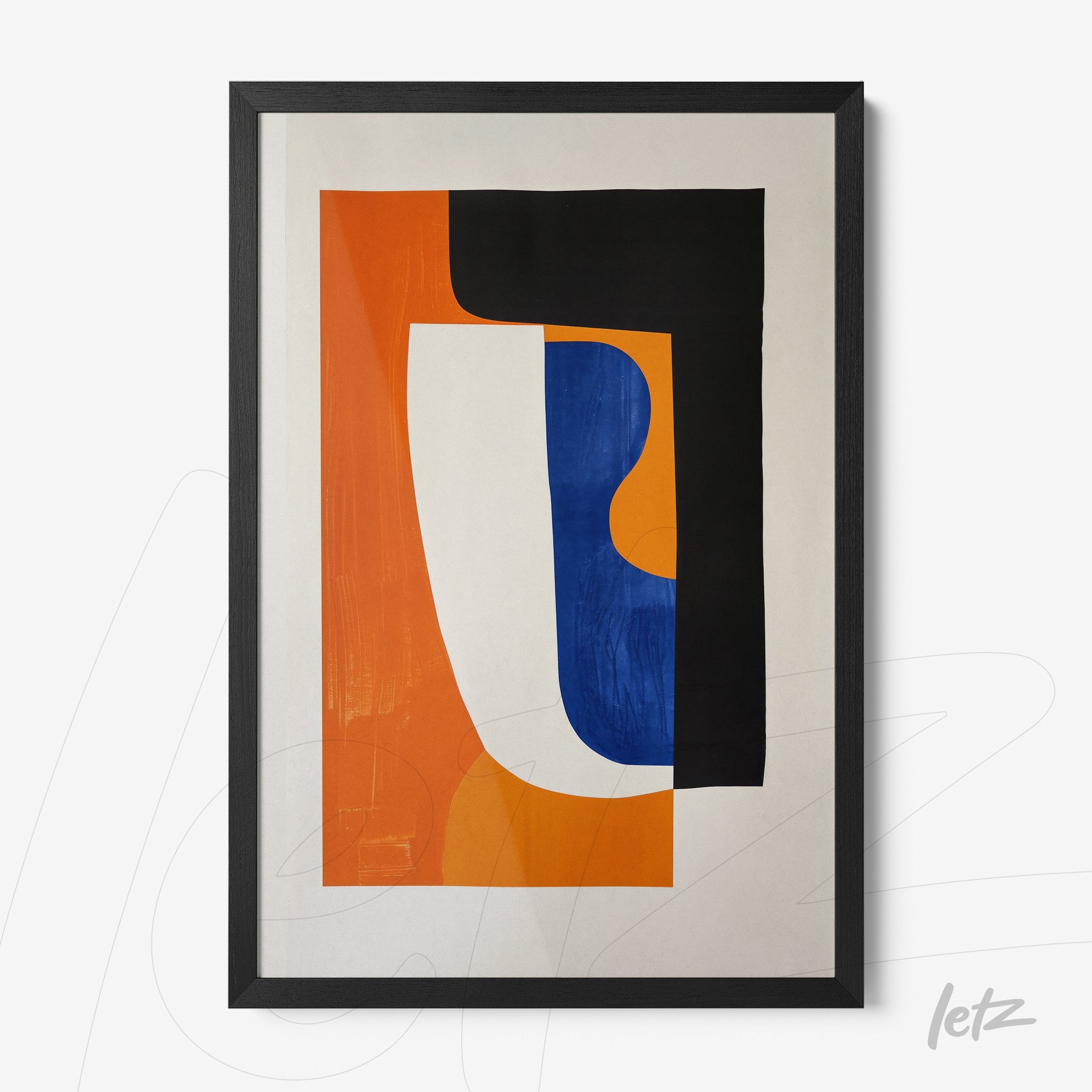 quadro com arte abstrata em cores vibrantes, apresentando formas geométricas em azul, laranja e preto, em moldura preta