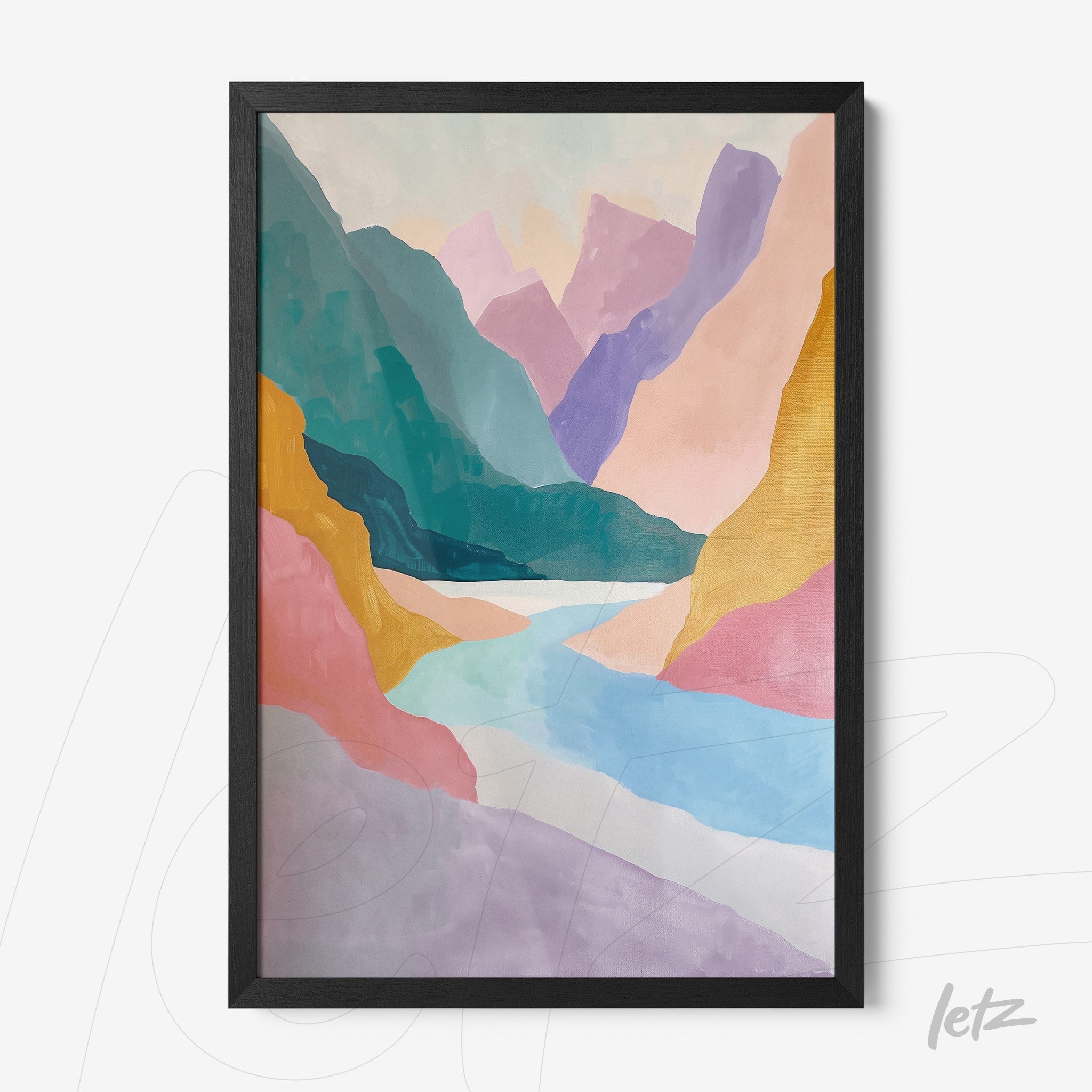 quadro em estilo abstrato com montanhas coloridas e água em tons suaves, em moldura preta