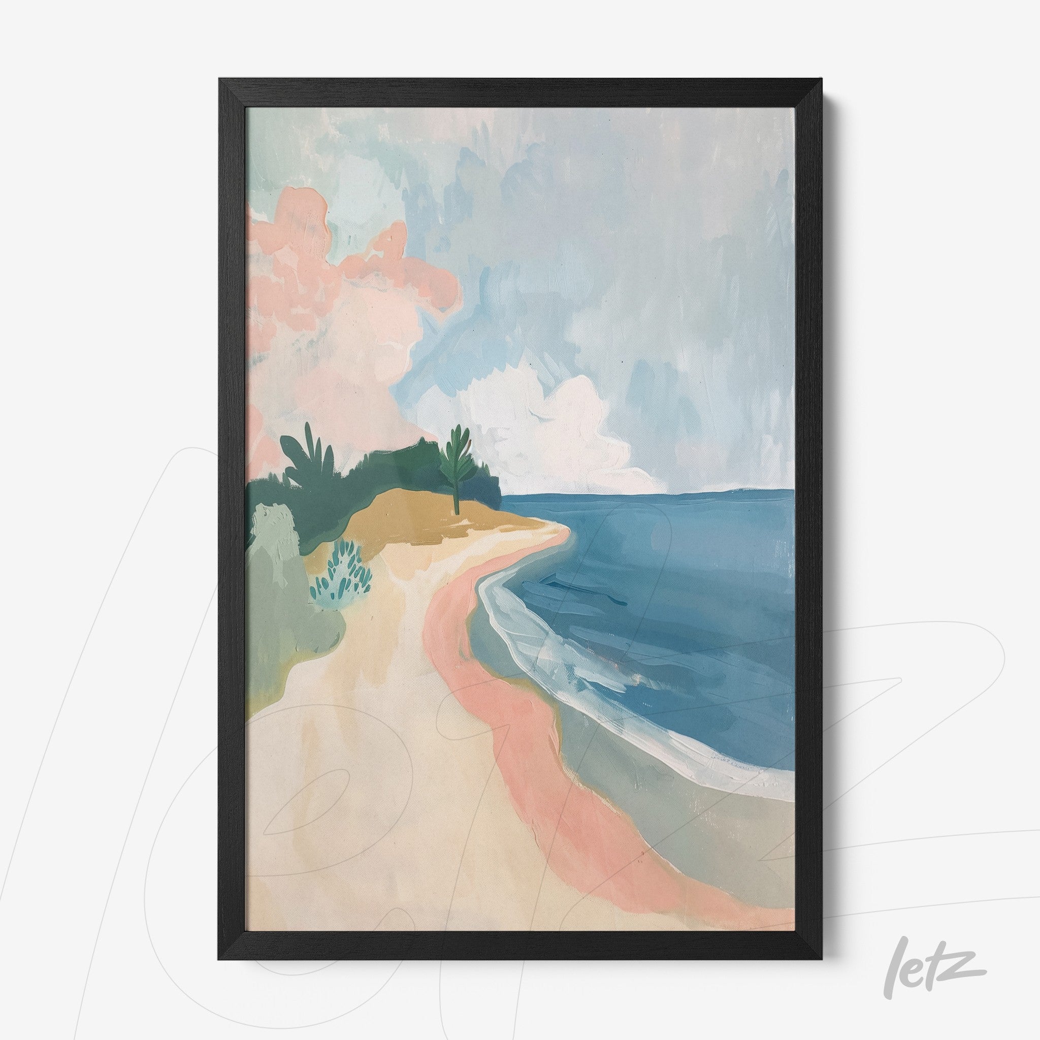 quadro com paisagem abstrata de praia em moldura preta, com background em tons de azul e rosa