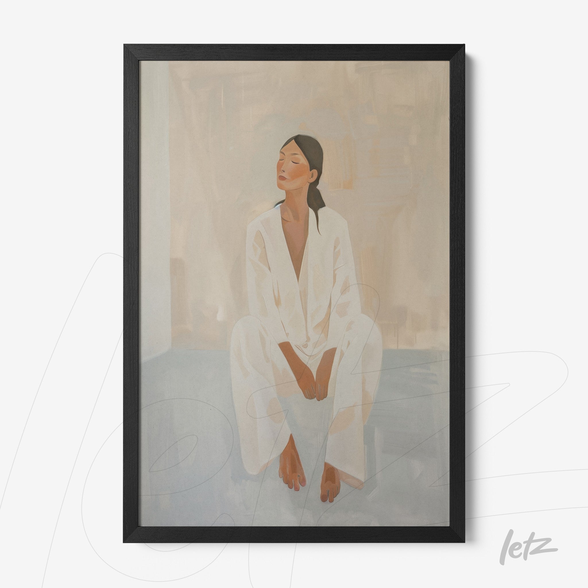 quadro com retrato minimalista de mulher usando roupas brancas, em moldura preta