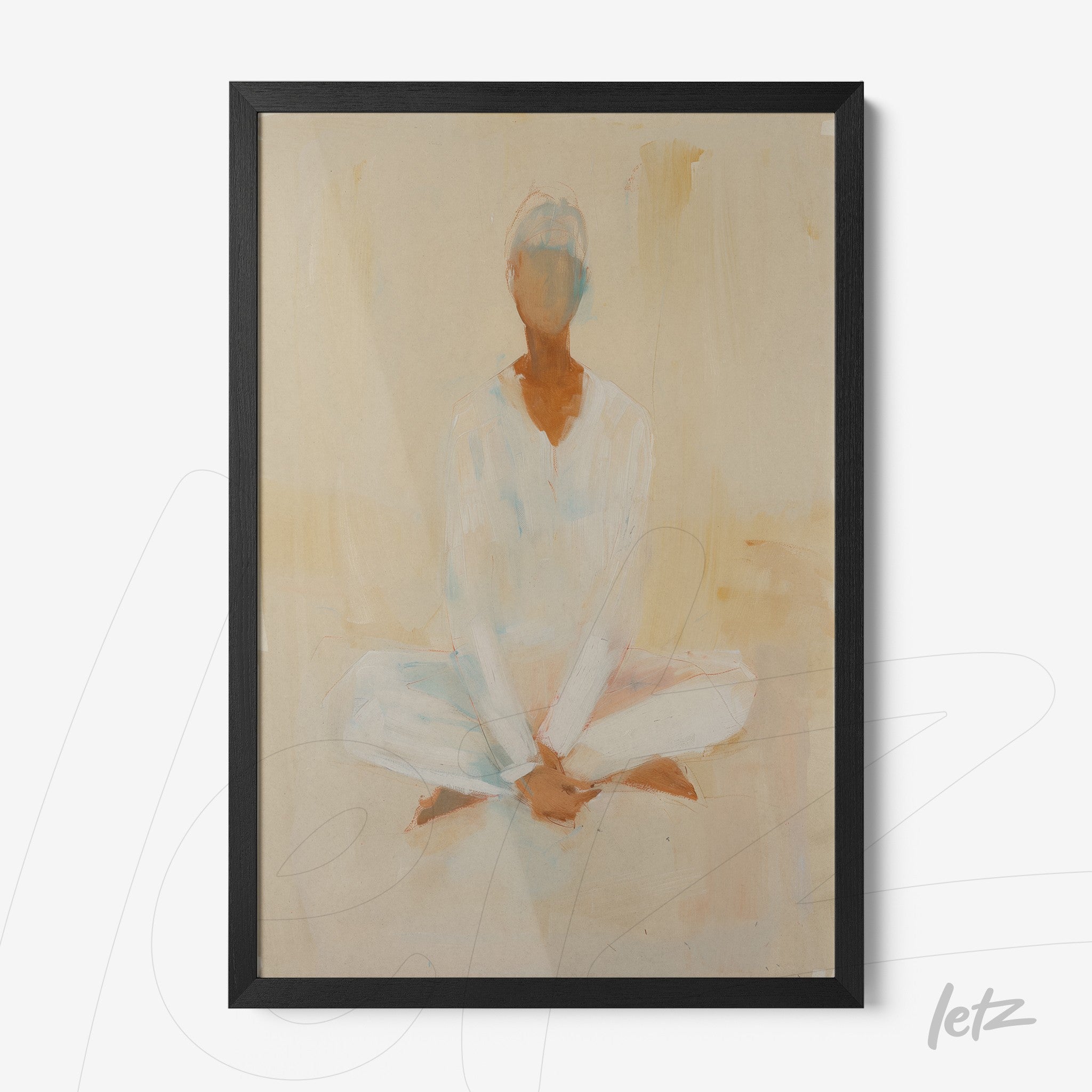 quadro com arte abstrata de figura humana sentada em posição de meditação com fundo em tons claros, moldura preta