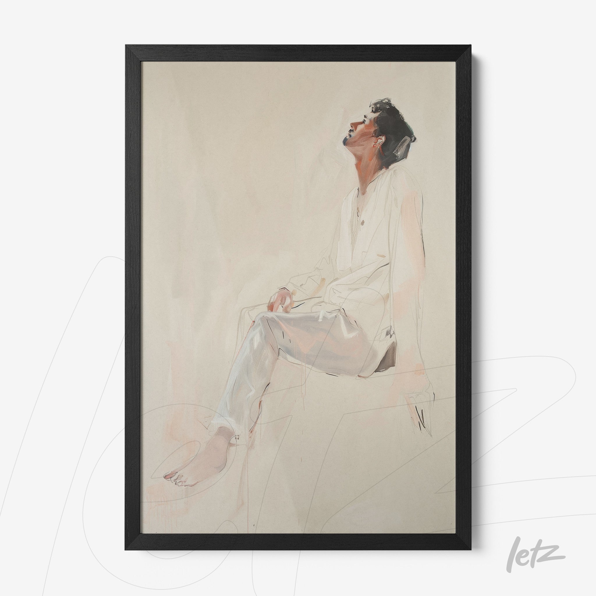 quadro com retrato artístico de homem sentado em pose contemplativa, moldura preta grossa