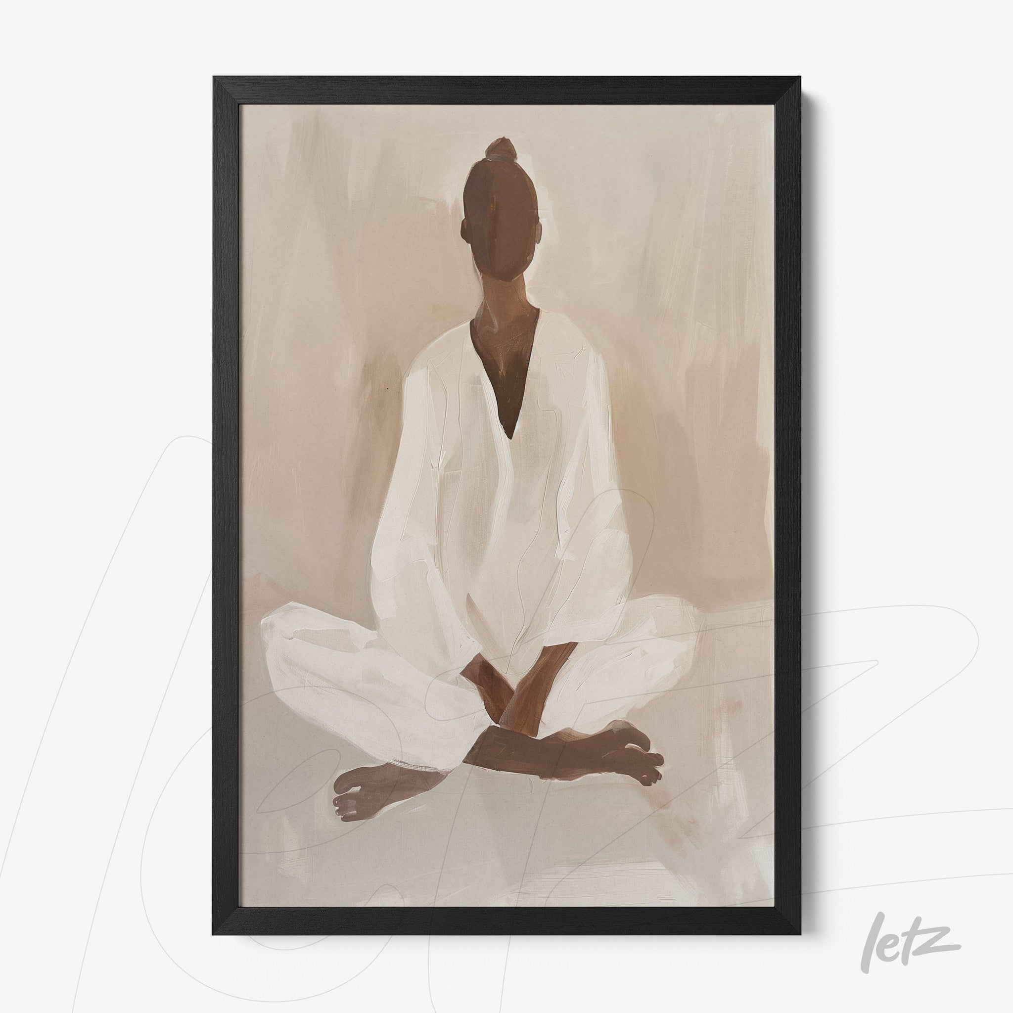 quadro com arte minimalista de figura humana em meditação, moldura preta fina e fundo neutro