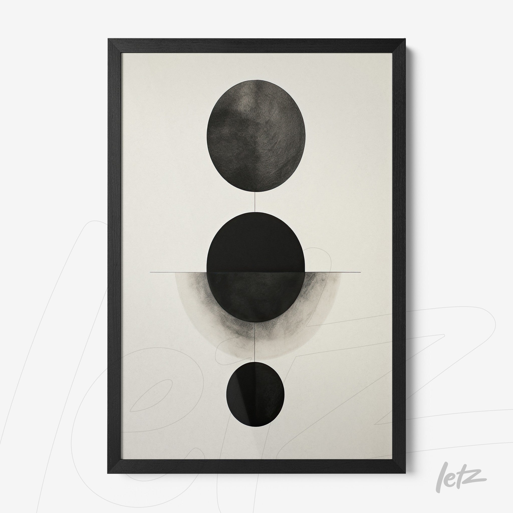 quadro com arte abstrata em preto e branco, apresentando círculos sobre fundo claro, em moldura preta