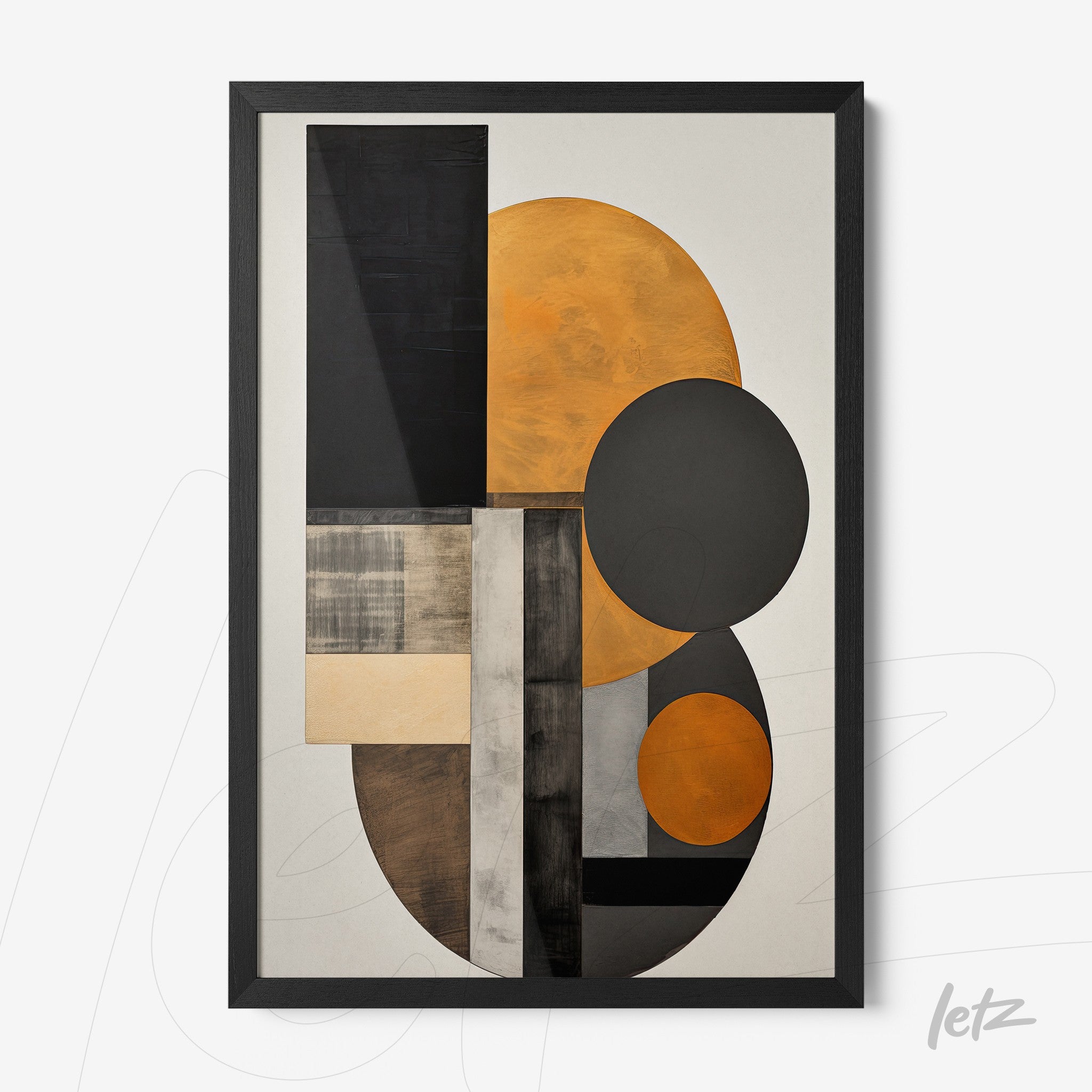 quadro com arte abstrata em tons de preto, laranja e cinza, com formas geométricas sobre fundo claro e moldura preta