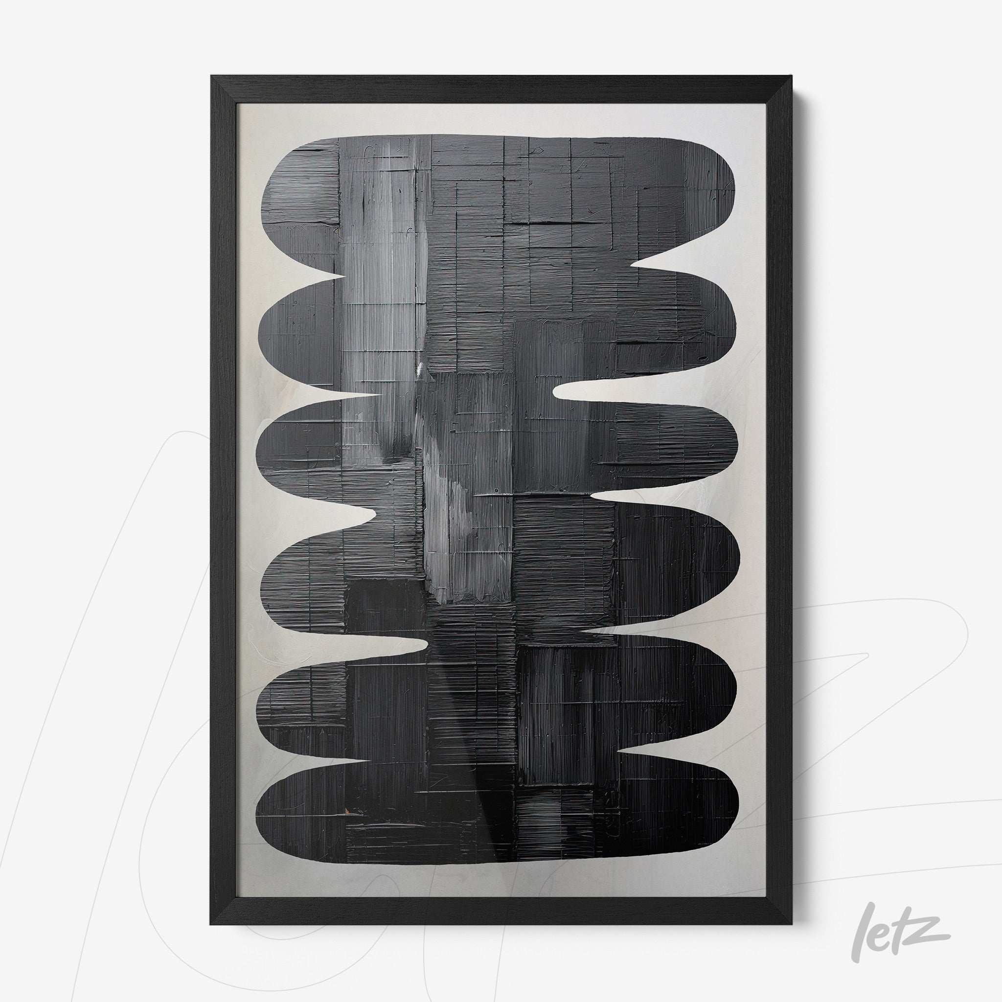 quadro com arte abstrata em tons de preto e cinza, moldura preta com acabamento fosco