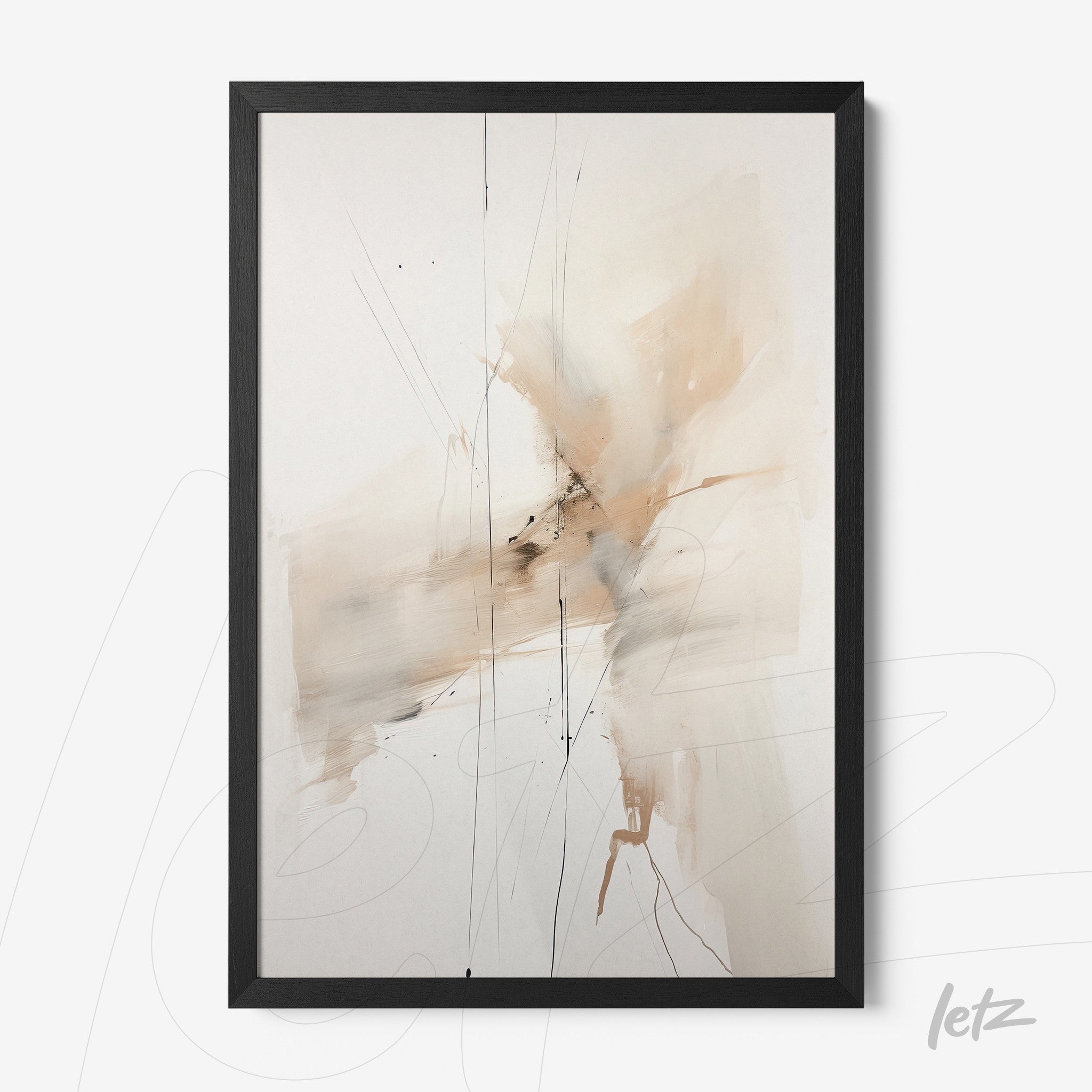 quadro com arte abstrata em tons neutros e traços finos emoldurado com moldura preta