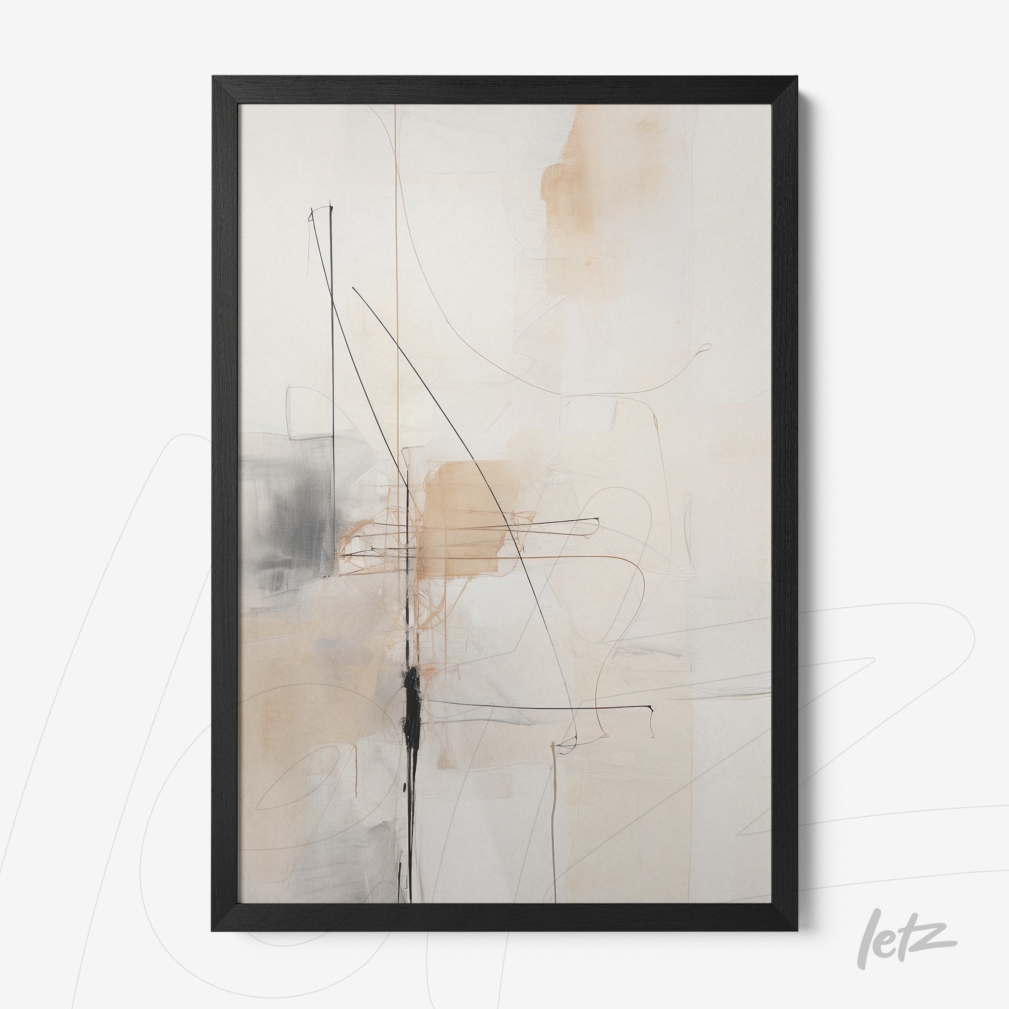 quadro abstrato em moldura preta com linhas e formas em tons claros e terrosos
