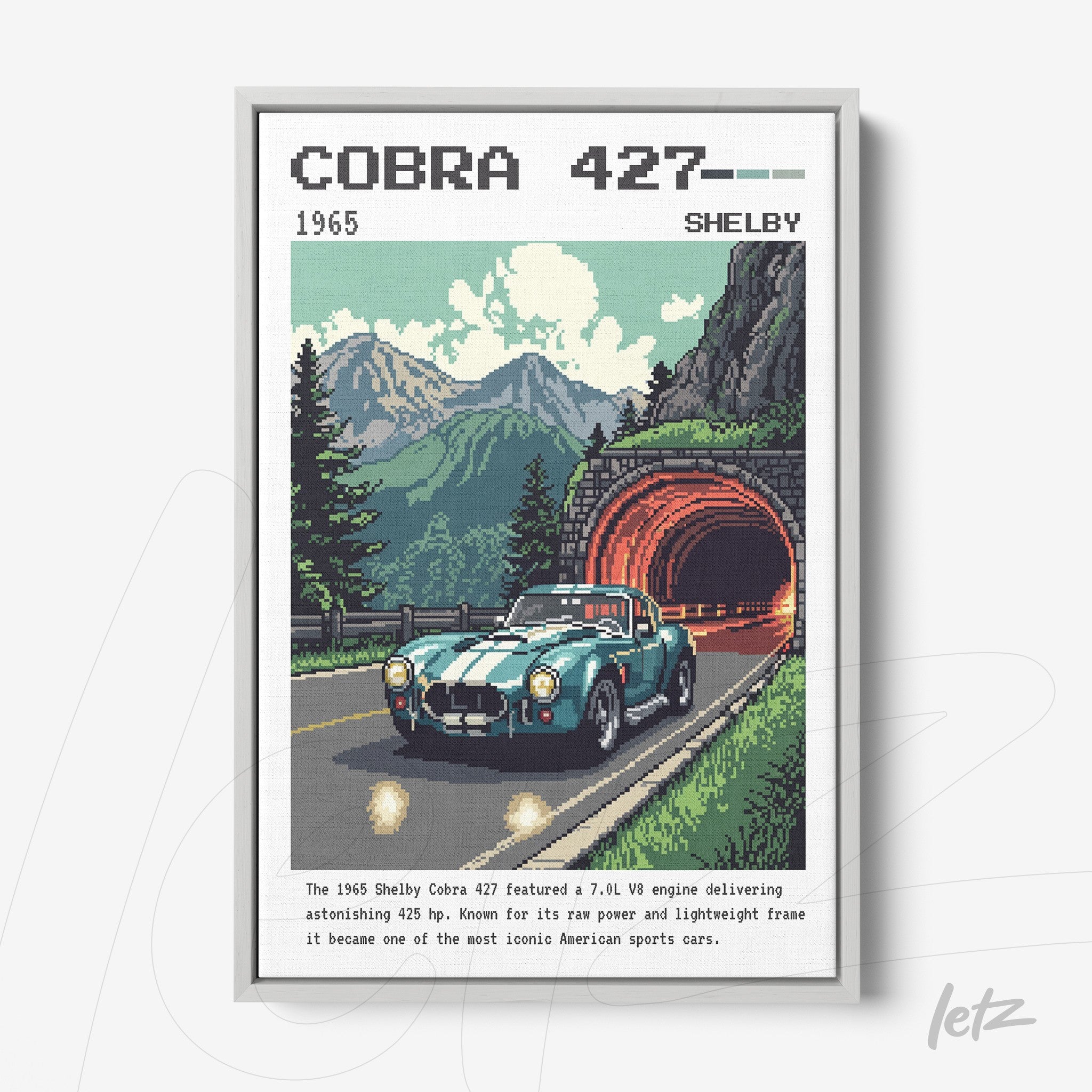 quadro com arte retro do carro Shelby Cobra 427 em uma estrada com montanhas ao fundo e túnel vermelho