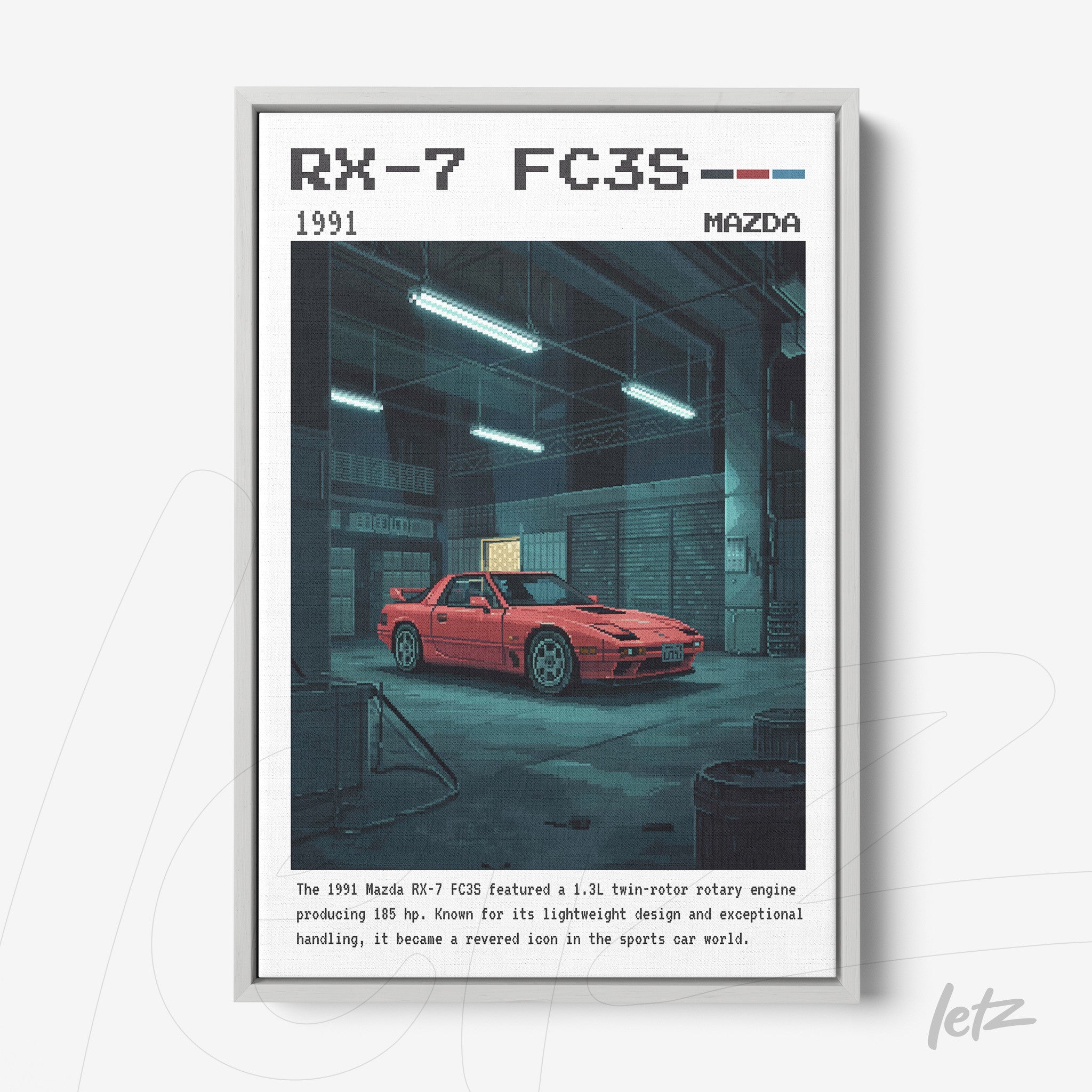 quadro com arte pixelada de um carro Mazda RX-7 FC3S de 1991 em uma garagem escura com luzes frias