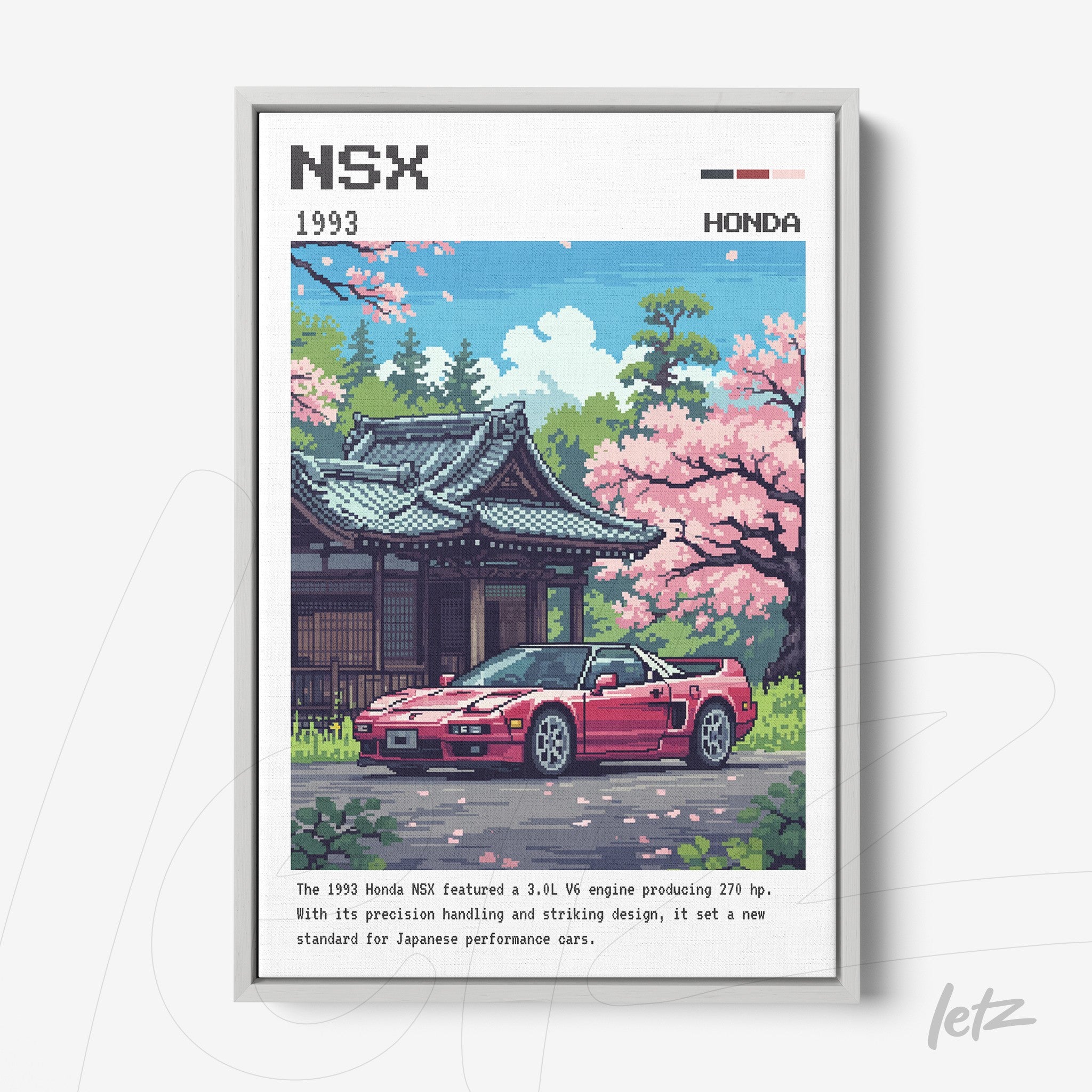quadro com arte pixelada do carro Honda NSX em frente a um templo japonês com cerejeiras floridas em moldura branca