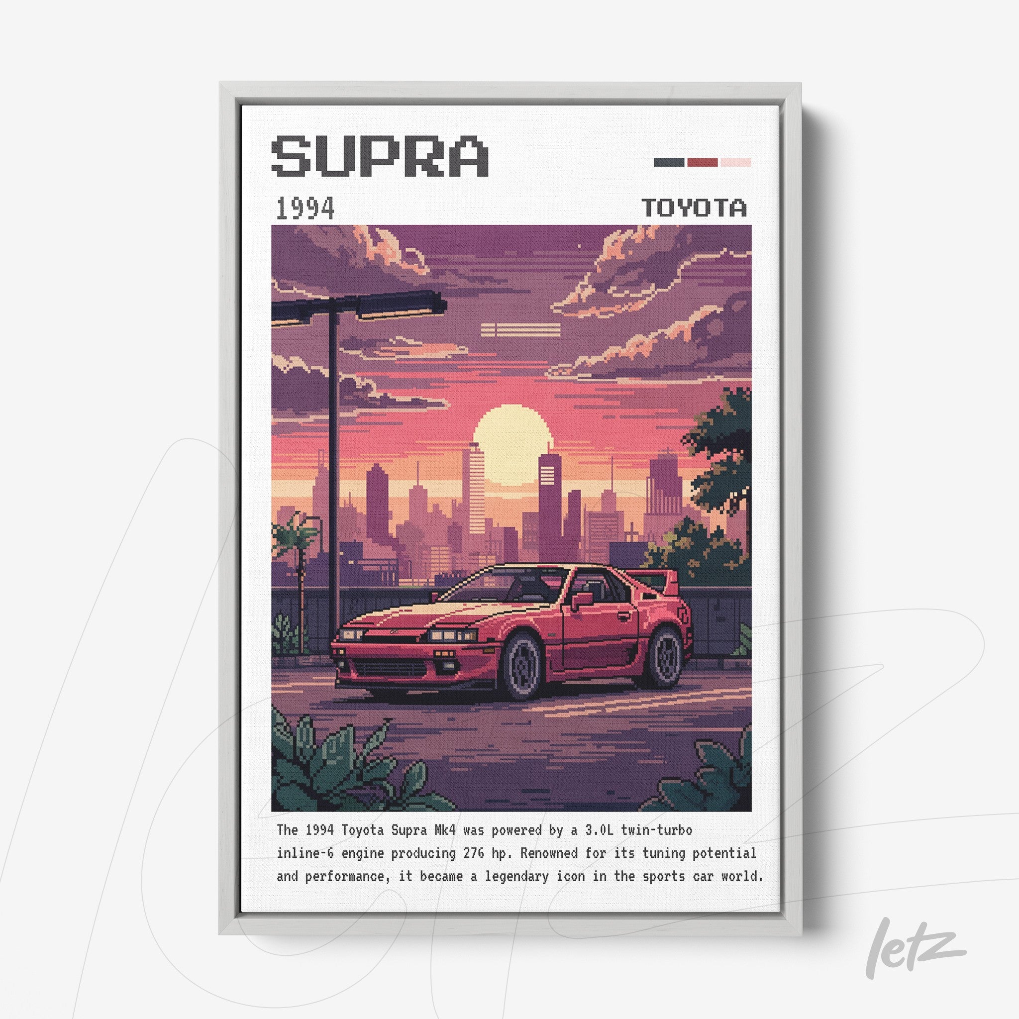 quadro com arte em pixel art de um carro Toyota Supra em frente a um pôr do sol, moldura branca