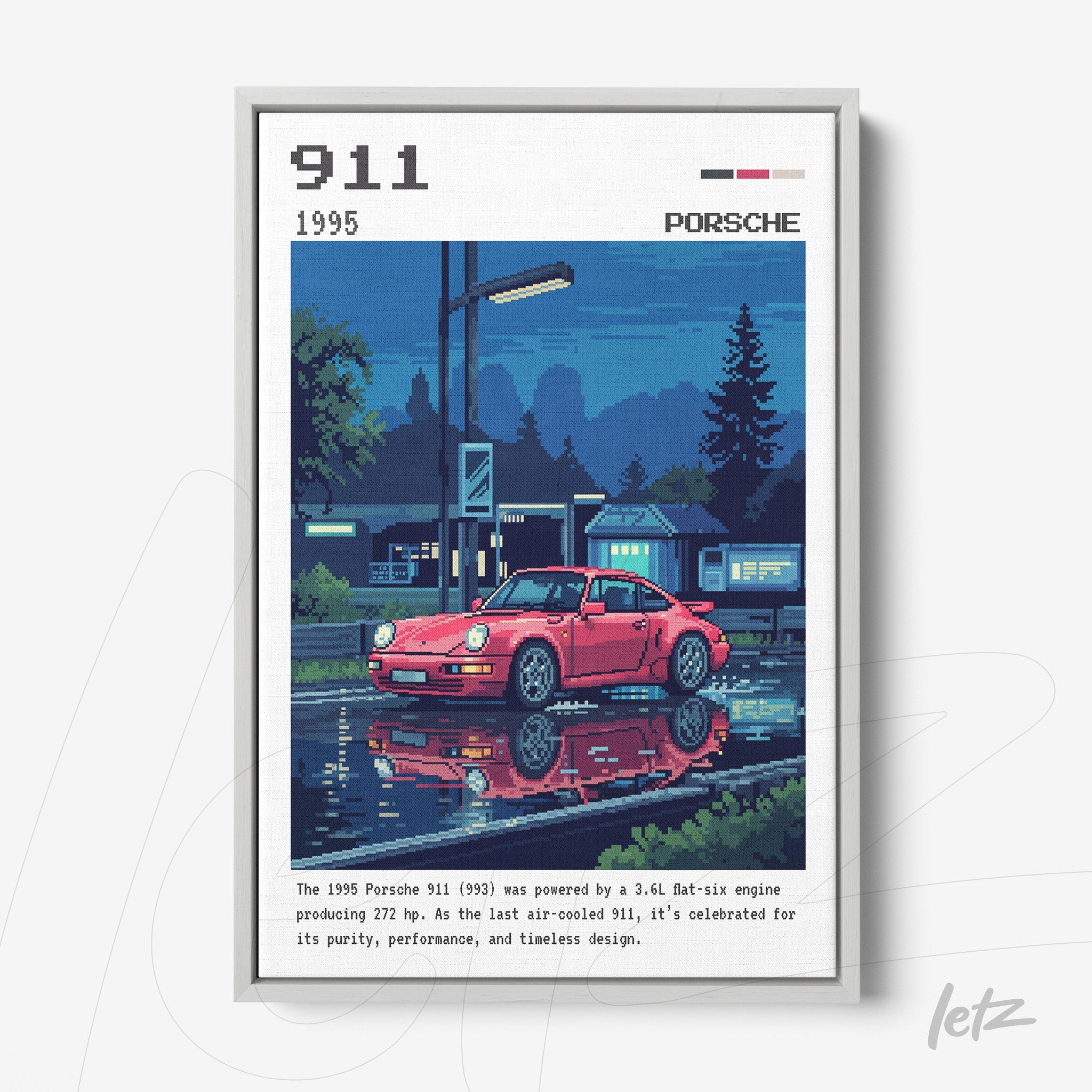 quadro com arte digital do carro Porsche 911 de 1995 refletindo na água, moldura branca