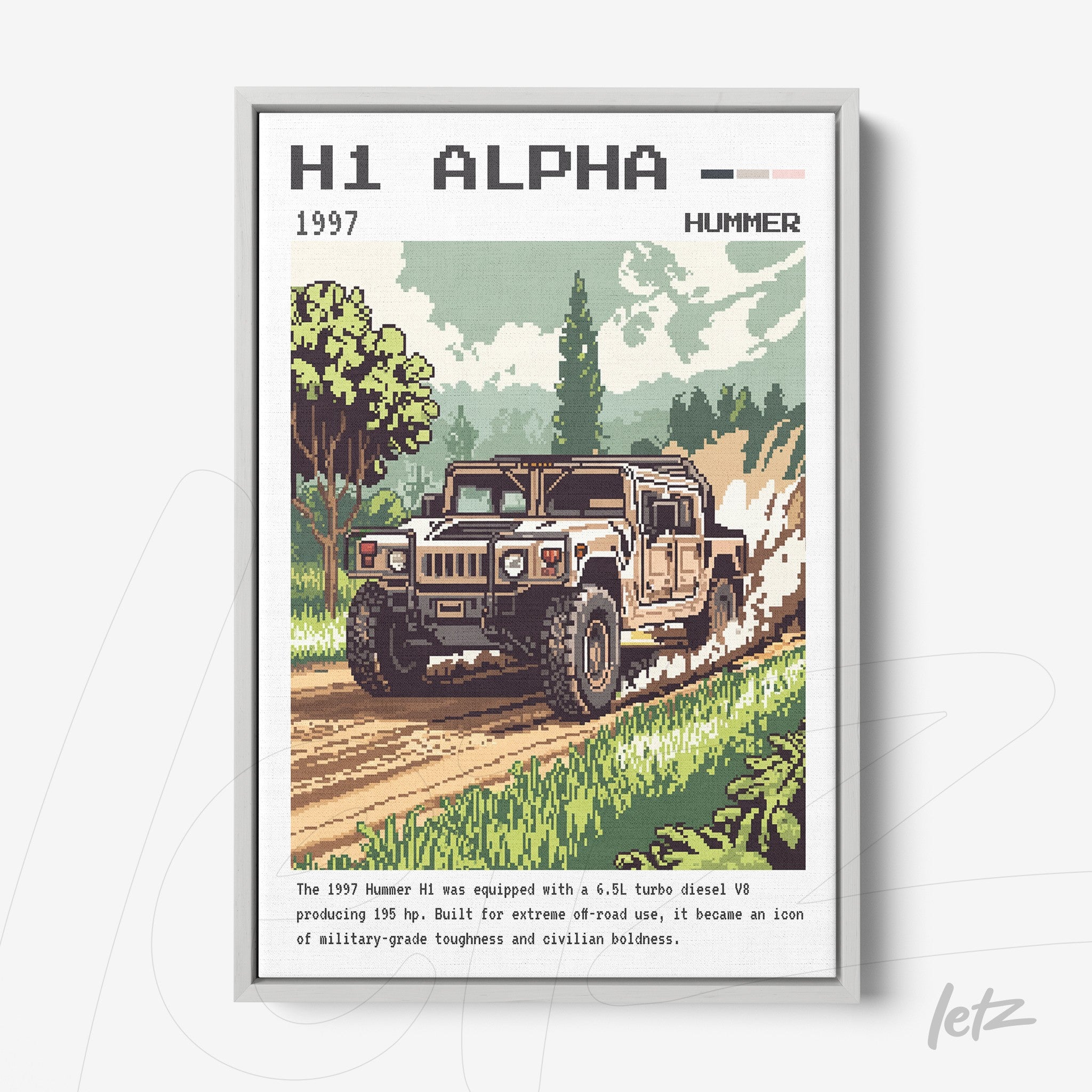 quadro com arte retro de um Hummer H1 em movimento em estrada de terra com vegetação ao fundo, moldura branca