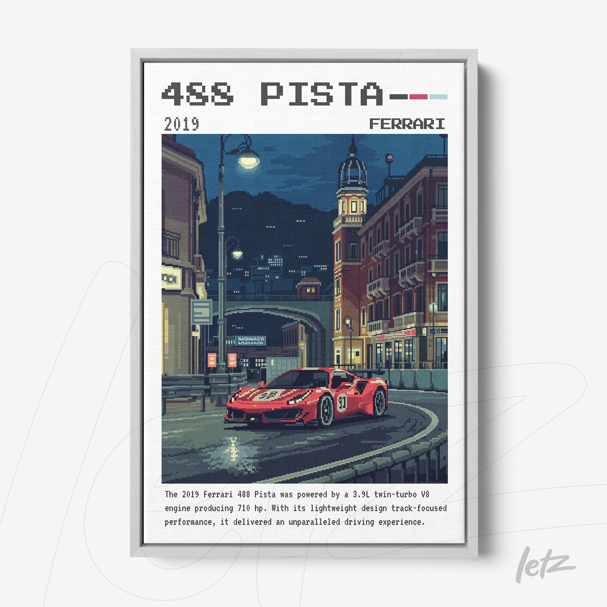 quadro com arte digital da Ferrari 488 Pista em estilo pixelizado, destacando o carro vermelho em uma rua noturna