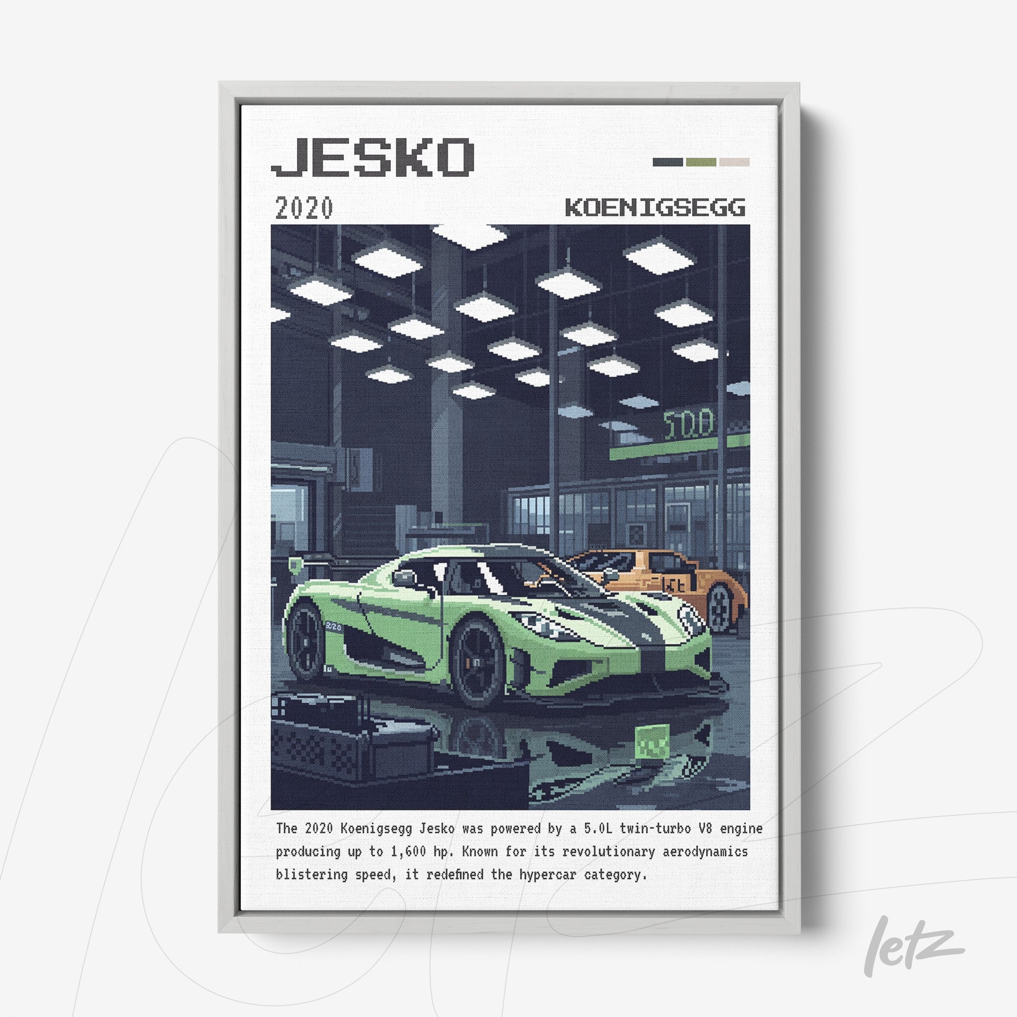quadro com arte digital de um carro esportivo verde Koenigsegg Jesko em estilo pixel art, moldura branca, fundo com oficina