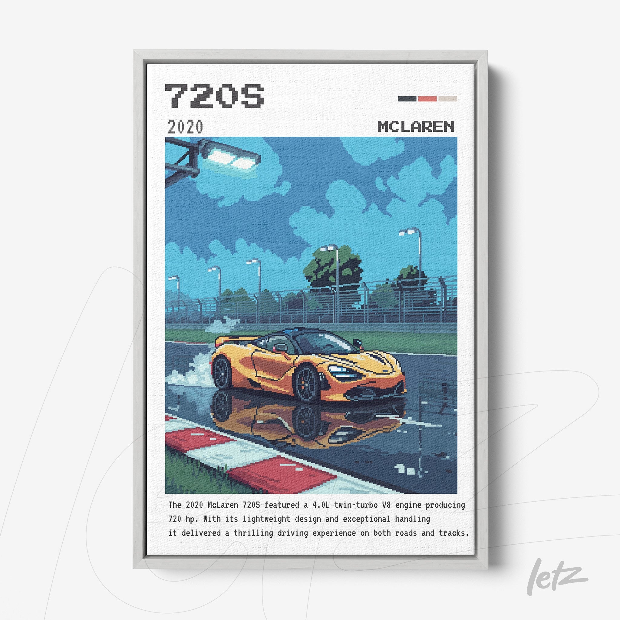 quadro com arte digital do carro McLaren 720S em uma pista molhada, moldura branca