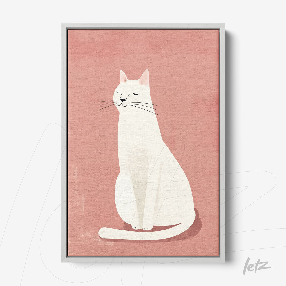 quadro com ilustração minimalista de um gato branco em fundo rosa, com moldura cinza clara