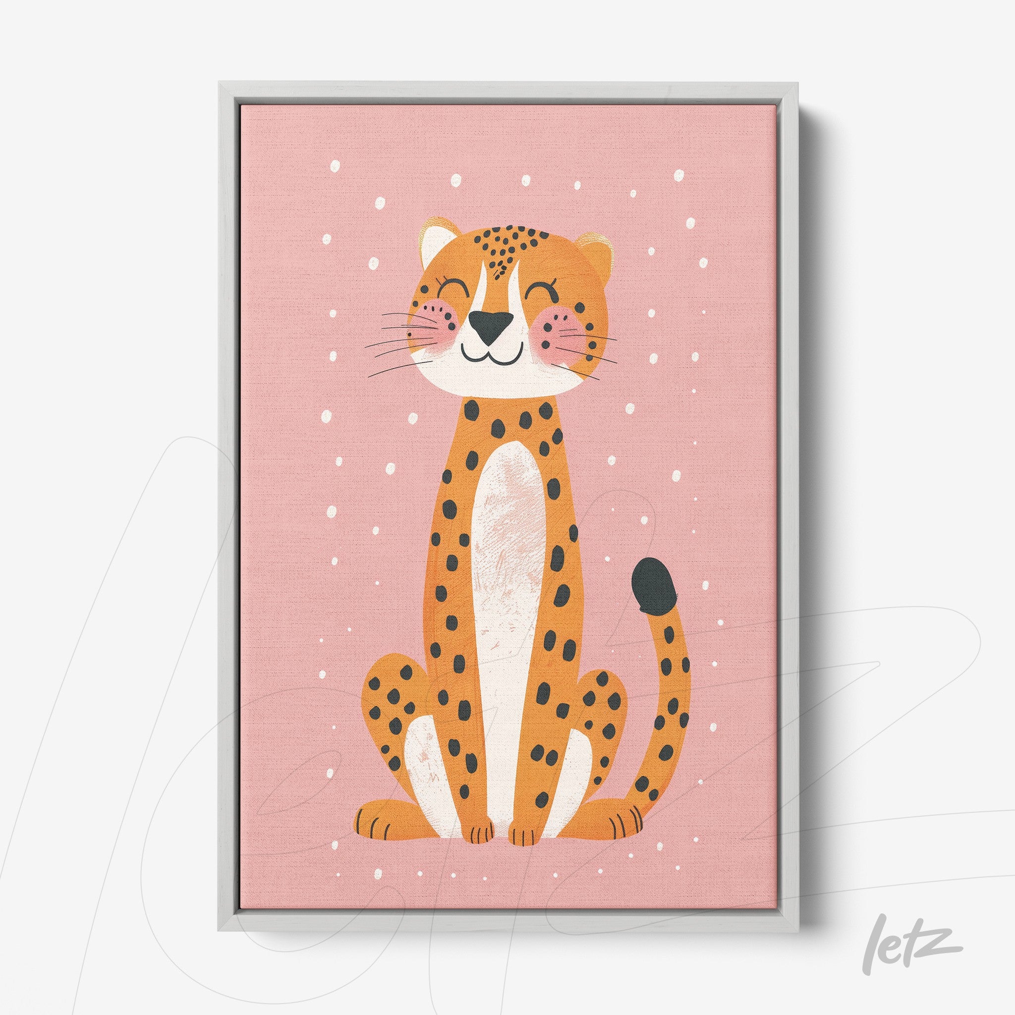 quadro com ilustração de um jaguar sorridente em fundo rosa claro, moldura cinza