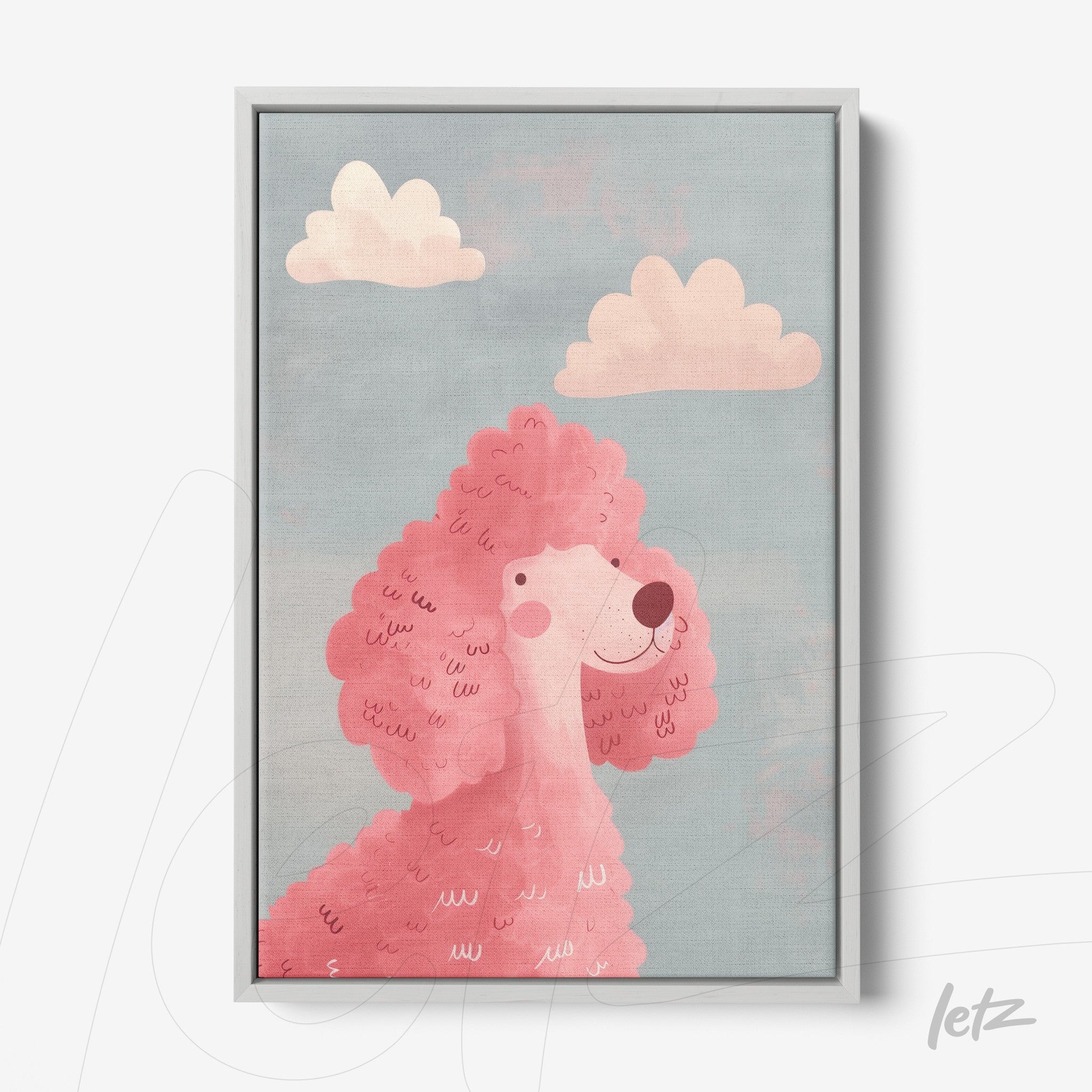 quadro com arte infantil de um cachorro pink sob nuvens em fundo azul, moldura cinza clara