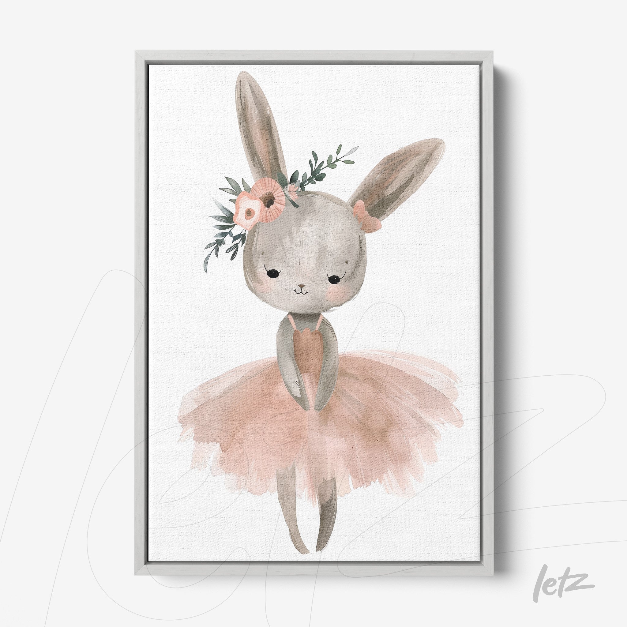 quadro com ilustração suave de coelho ballerina com flores e roupa rosa, moldura prateada