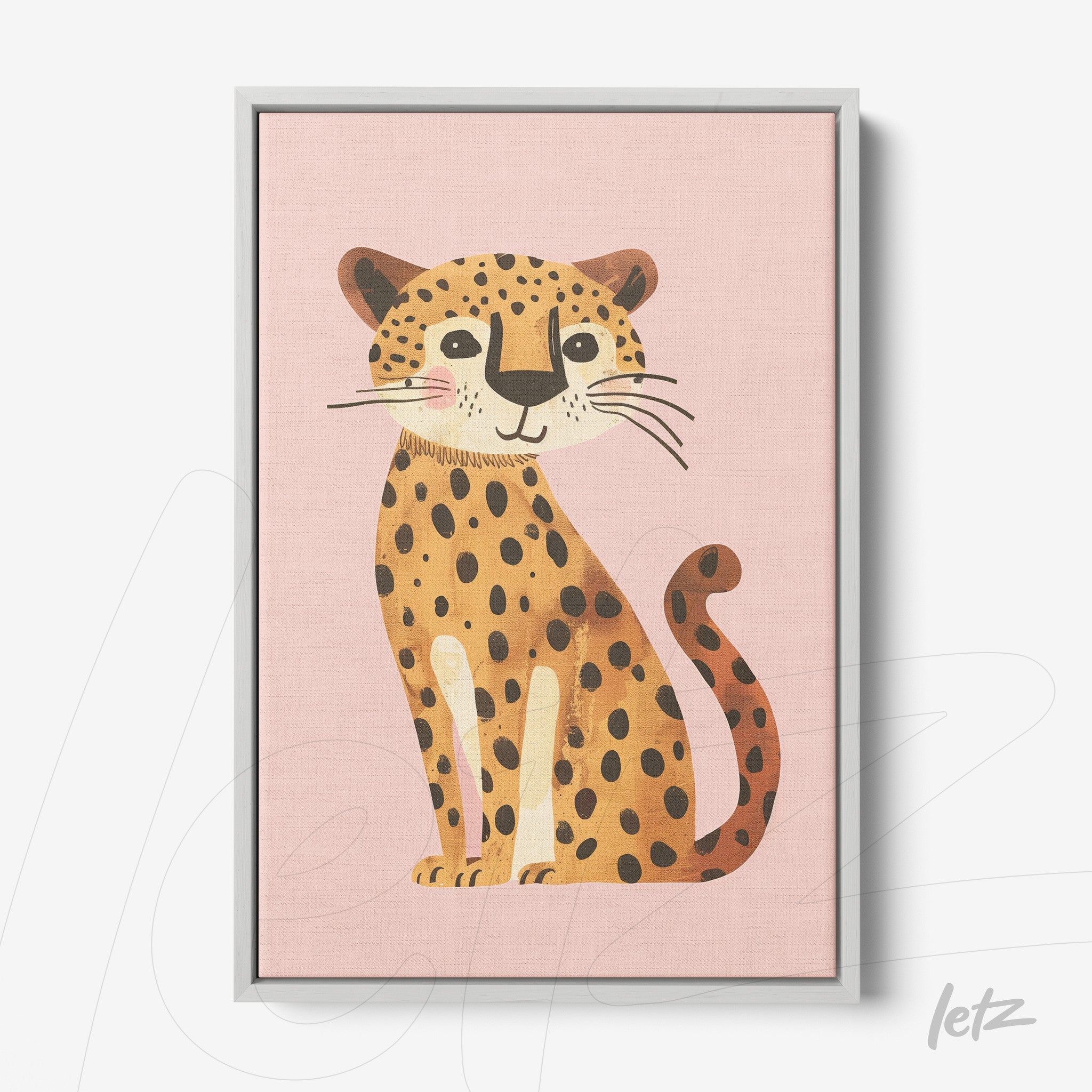 quadro com ilustração de um gato selvagem em fundo rosa e moldura branca
