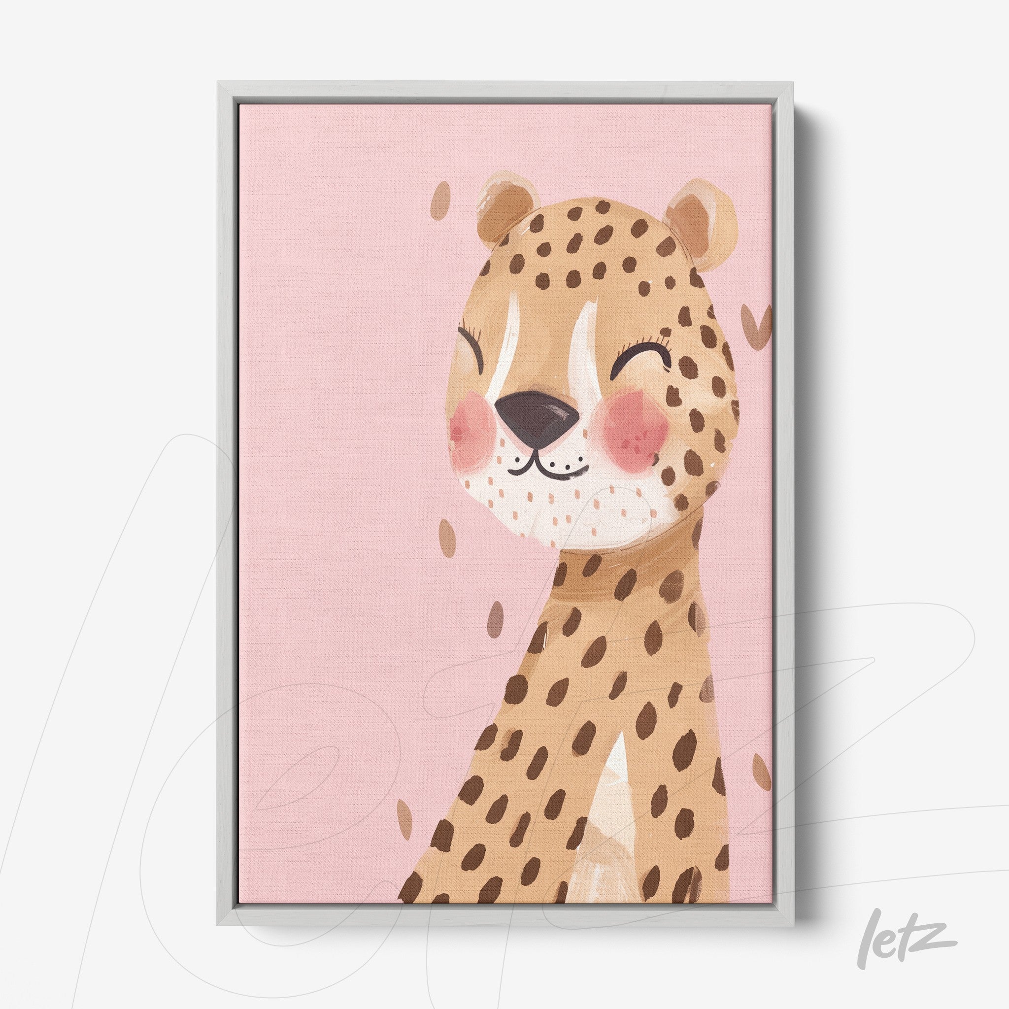 quadro com ilustração alegre de um leopardinho em fundo rosa e moldura cinza clara