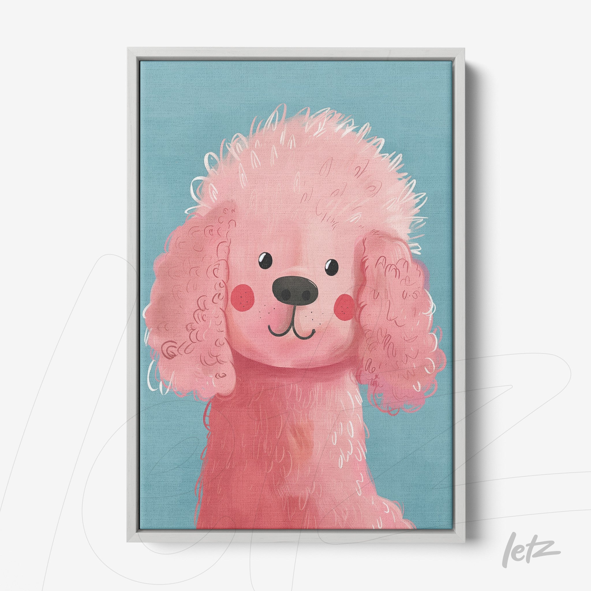 quadro com arte de um poodle rosa com fundo azul e moldura clara